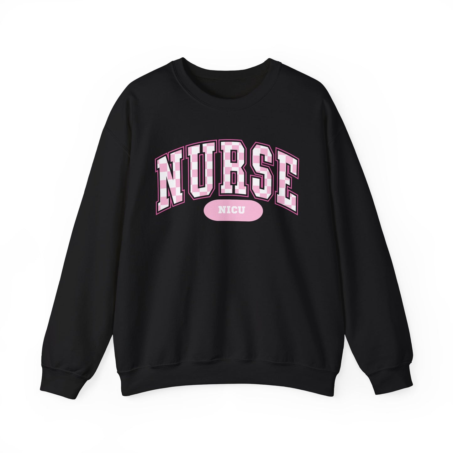 Retro Checkered NICU Nurse Varsity Letter Nurse Sweatshirt, Gildan Comfy Sweatshirt