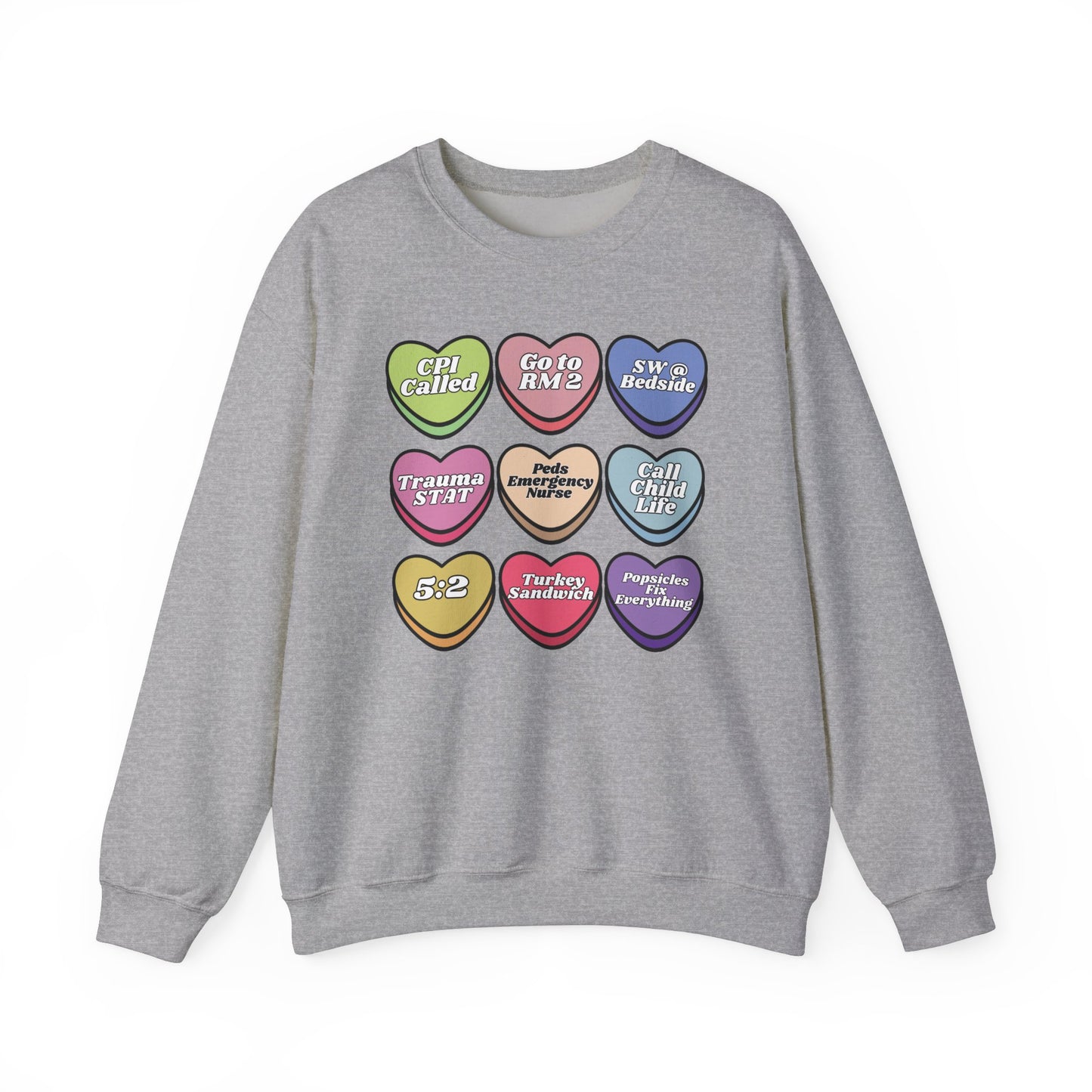 Pediatric ED Candy heart sweatshirt, perfect to match your unit this valentines Day! Gildan cozy sweatshirt