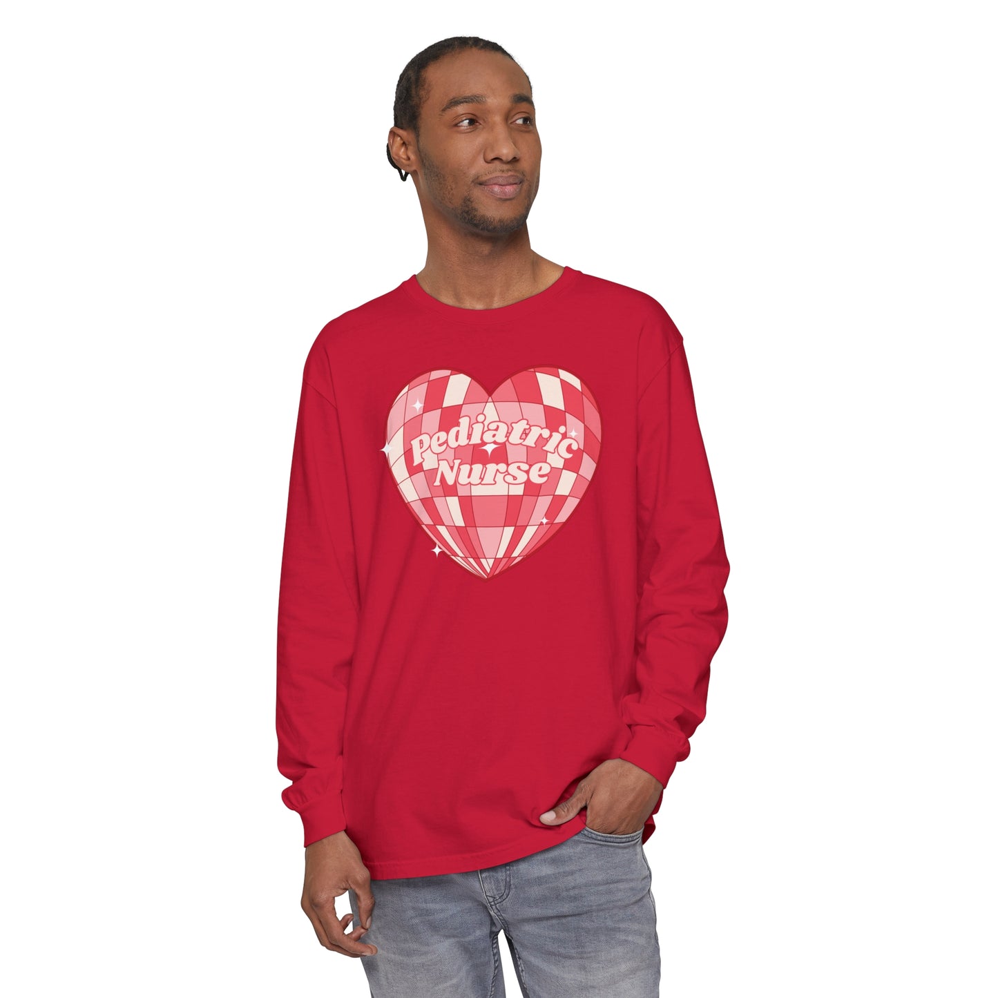 Pediatric Nurse Valentines Day Long sleeve, retro heart, comfort colors long sleeve.