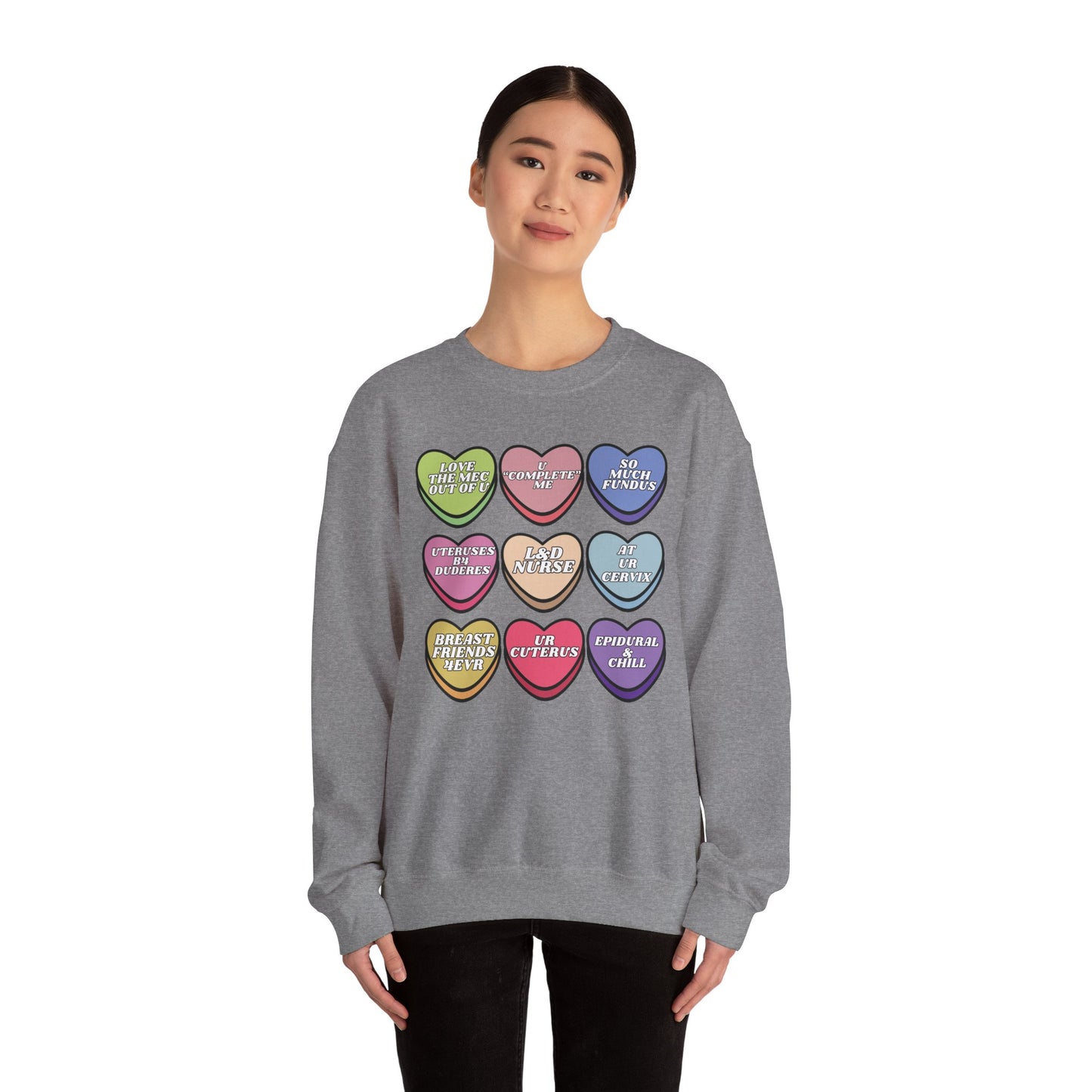 L&D Nurse Valentine’s Day Candy Heart Sweatshirt, funny Labor and Delivery  sayings, match your coworkers this Valentine’s Day