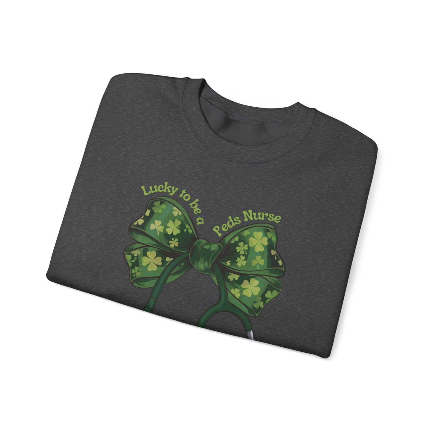 Lucky to be a Peds Nurse St. Patricks Day Sweatshirt Coquette Bow Stethoscope, RN sweatershirt, ER Nurse, NICU Nurse, PICU nurse, clover, lucky nurse sweatshirt.