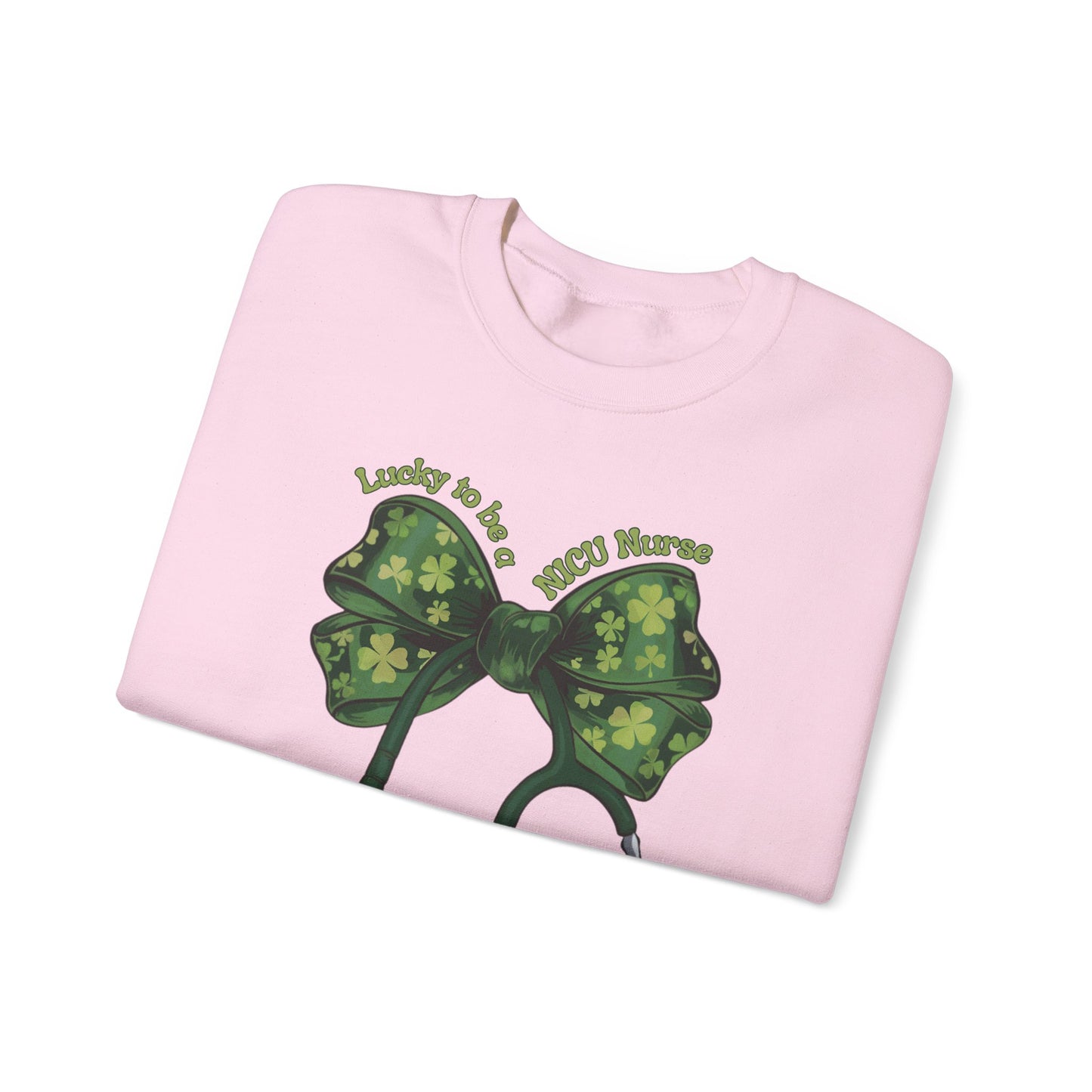 Lucky to be a PICU Nurse St. Patricks Day Sweatshirt Coquette Bow Stethoscope, RN sweatershirt, ER Nurse, NICU Nurse, PICU nurse, clover, lucky nurse sweatshirt.