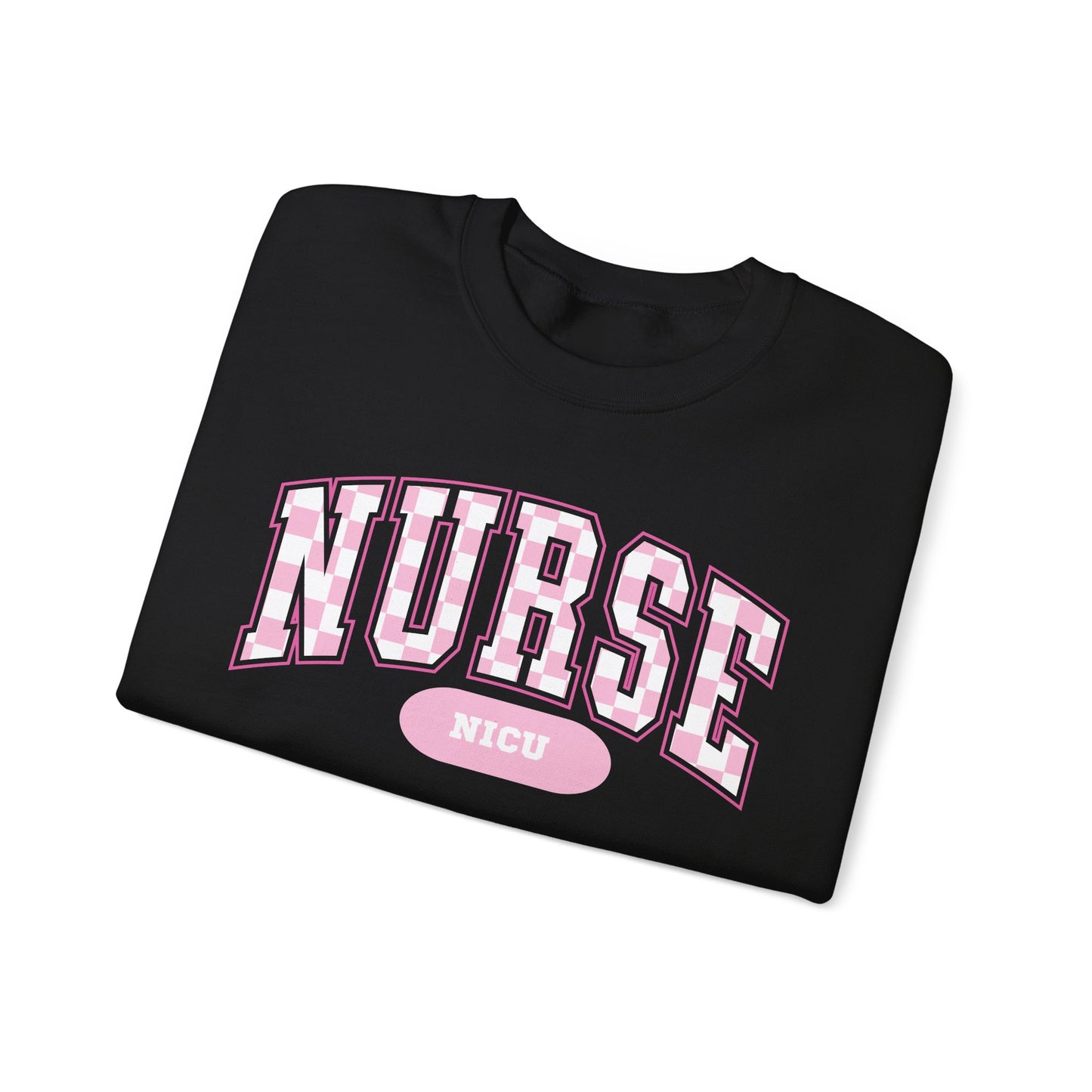 Retro Checkered NICU Nurse Varsity Letter Nurse Sweatshirt, Gildan Comfy Sweatshirt