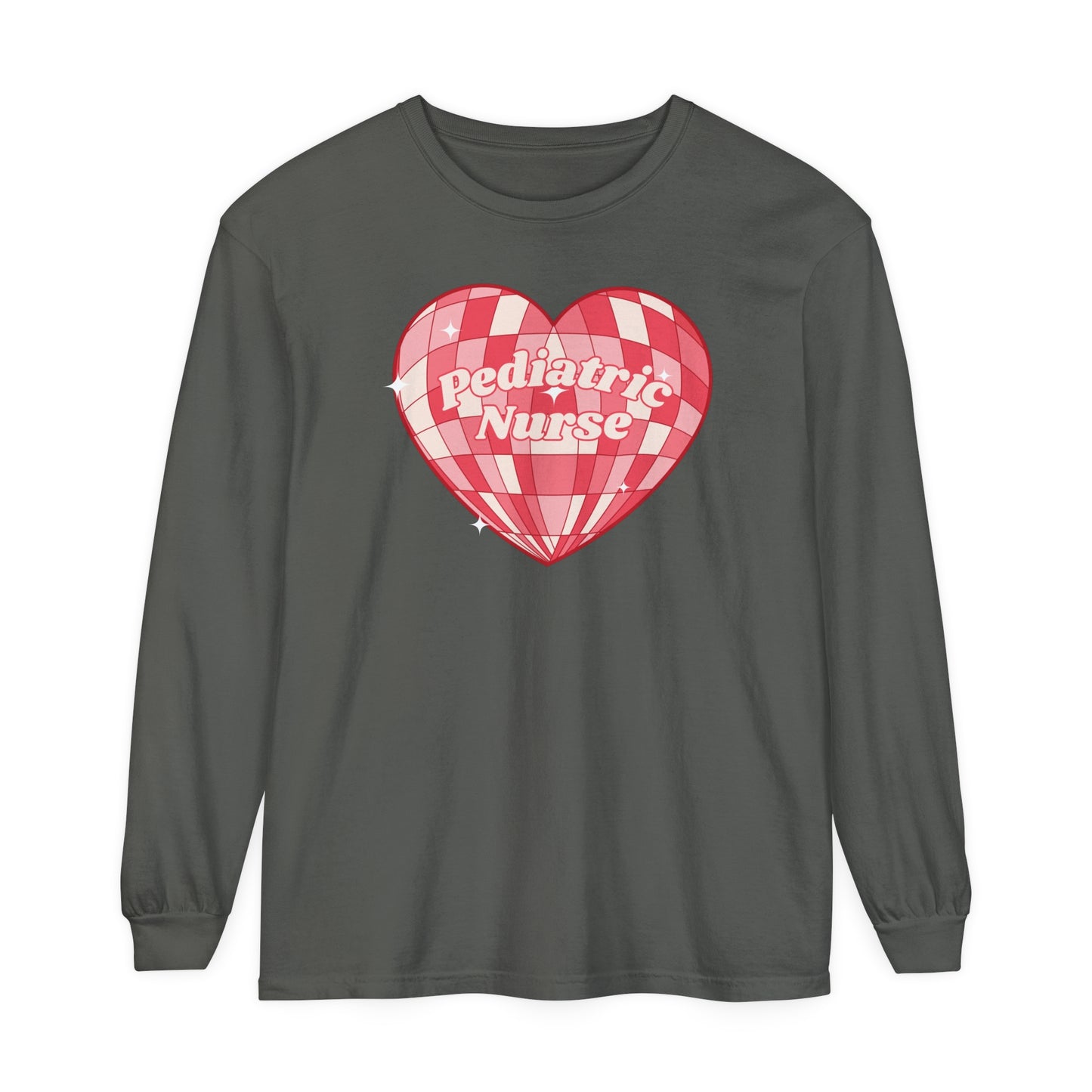 Pediatric Nurse Valentines Day Long sleeve, retro heart, comfort colors long sleeve.
