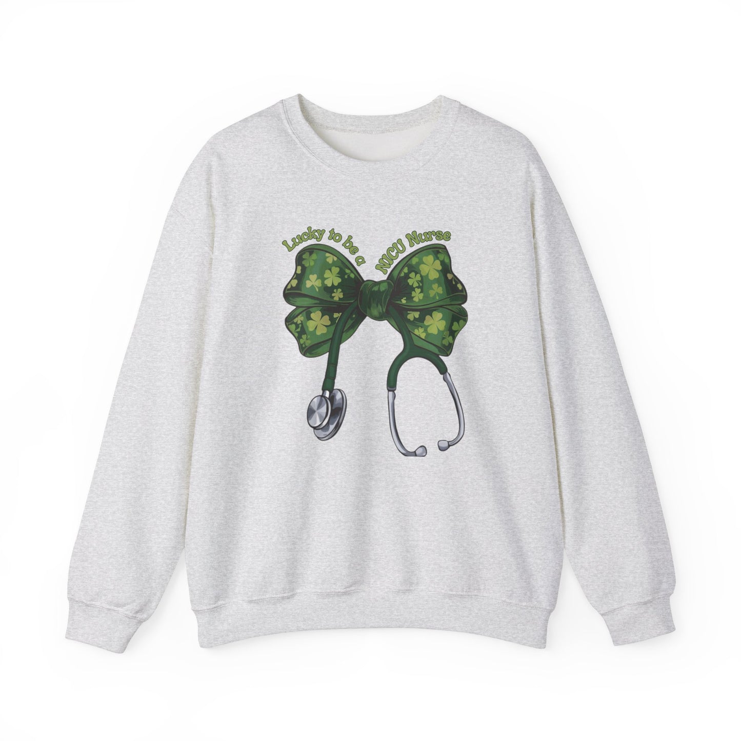 Lucky to be a PICU Nurse St. Patricks Day Sweatshirt Coquette Bow Stethoscope, RN sweatershirt, ER Nurse, NICU Nurse, PICU nurse, clover, lucky nurse sweatshirt.