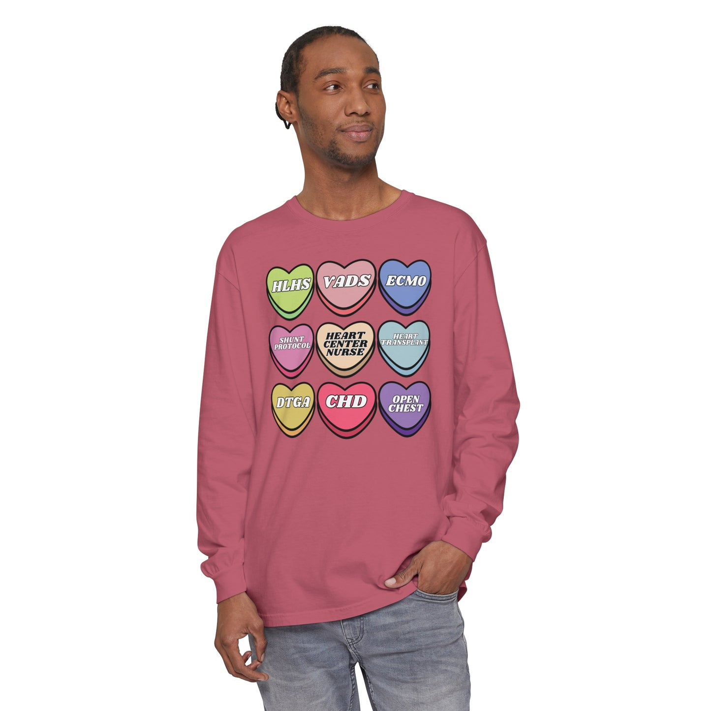 Heart Center Nurse Valentine’s Day comfy comfort colors Long , Cute Candy Heart Sayings, match your coworkers this Valentine’s Day