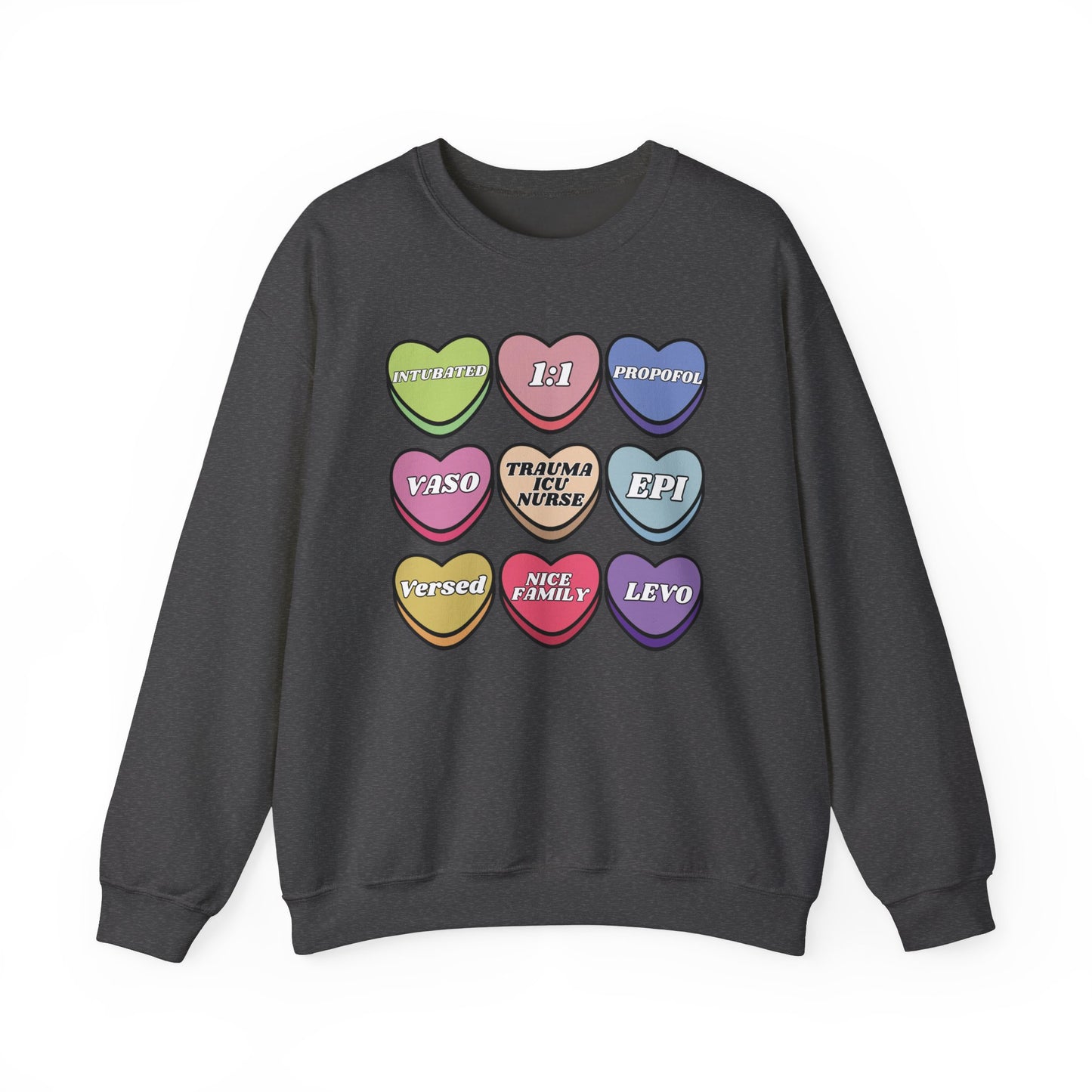 Funny Trauma ICU Nurse Valentine’s Day Sweatshirt, Cute Candy Heart NICU Sayings, match your coworkers this Valentine’s Day