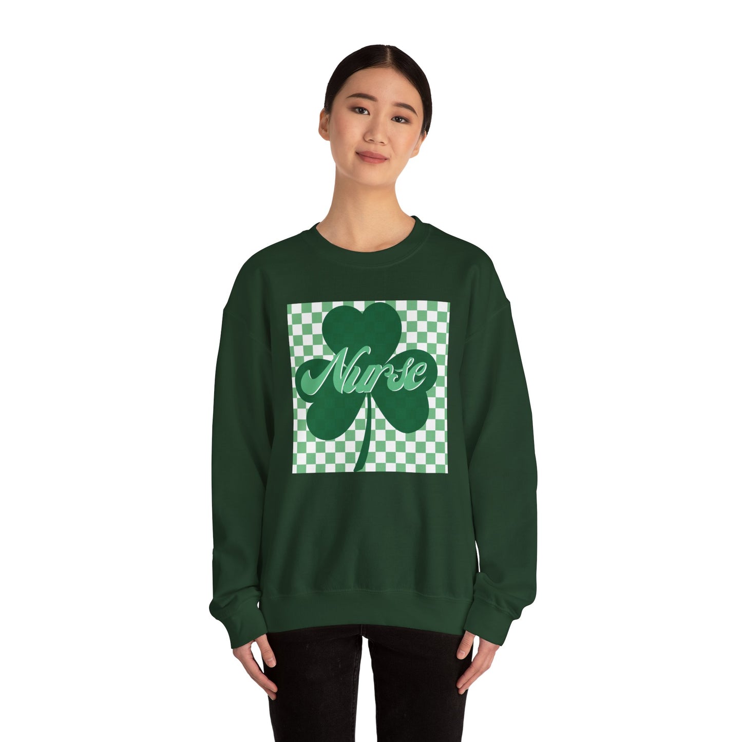 Retro Green Checkered Clover Nurse St. Patricks Clover Sweatshirt,  Heart RN, nurse, retro lucky nurse, ED RN Nurse St. Pattys Sweatshirt