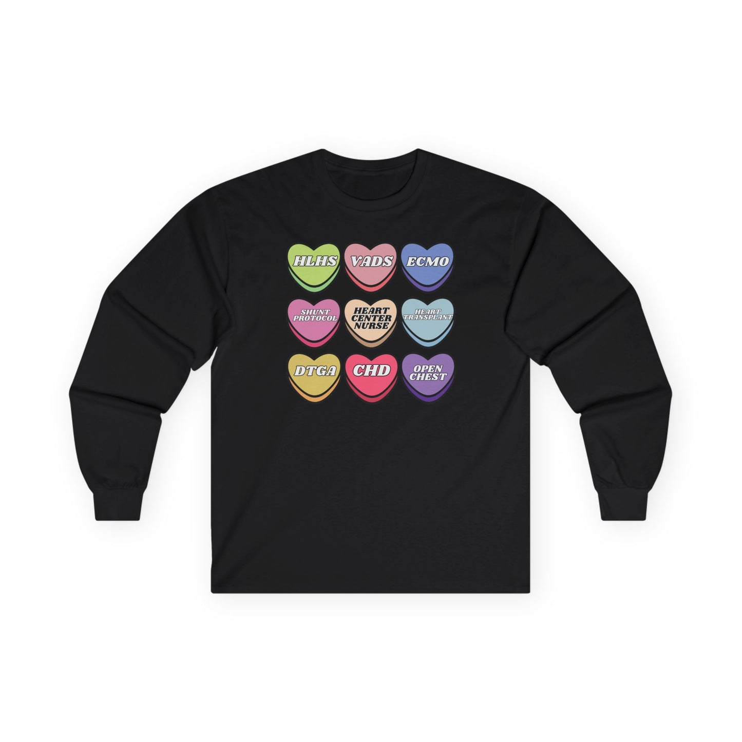 Heart Center Nurse Valentine’s Day Cotton Gildan Long Sleeve , Cute Candy Heart Sayings, match your coworkers this Valentine’s Day