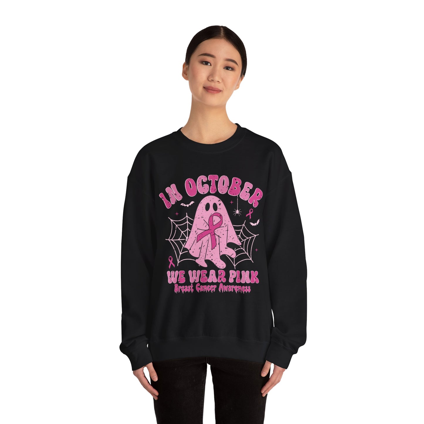 Cute Breast Cancer Awareness Ghost Sweatshirt, In October We Wear Pink, cozy sweatshirt to support breast cancer