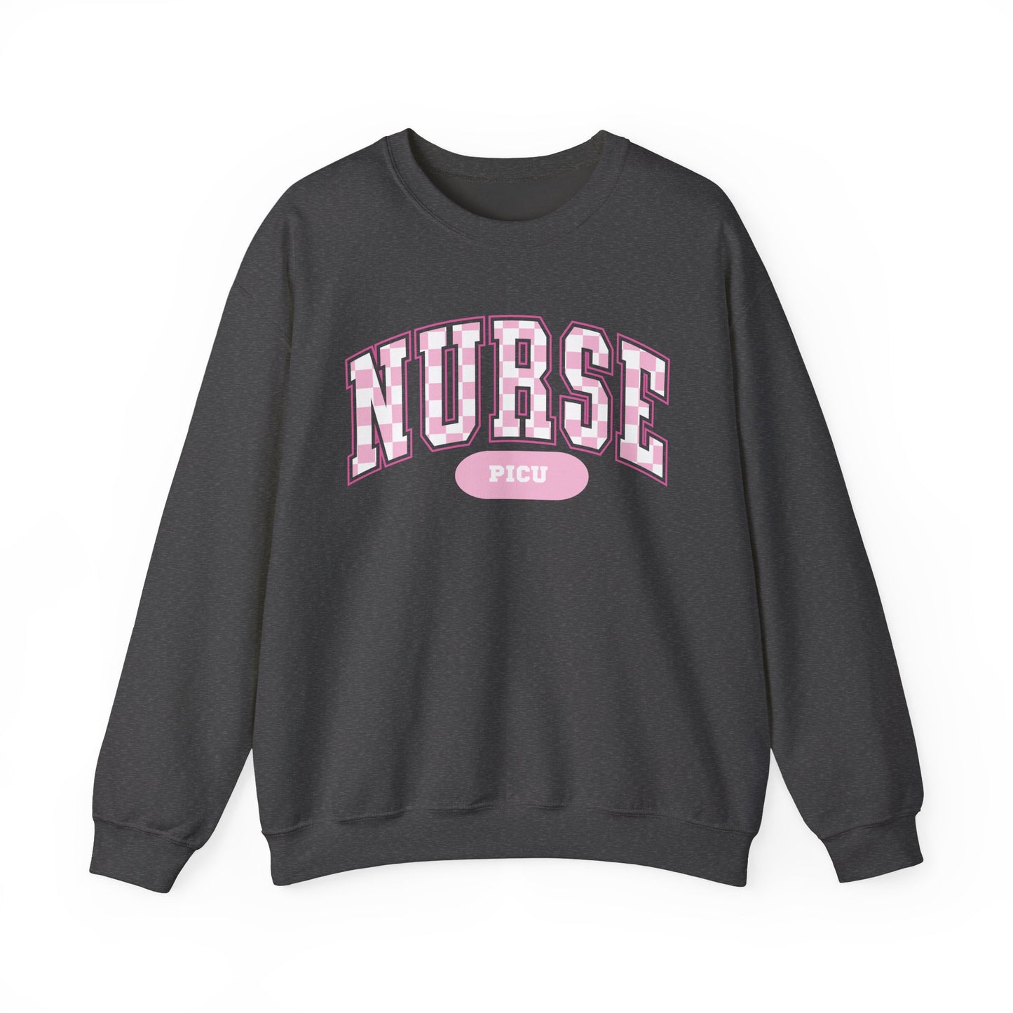 Retro Checkered PICU Varsity Letter Nurse Sweatshirt, Comfy Gildan Sweatshirt