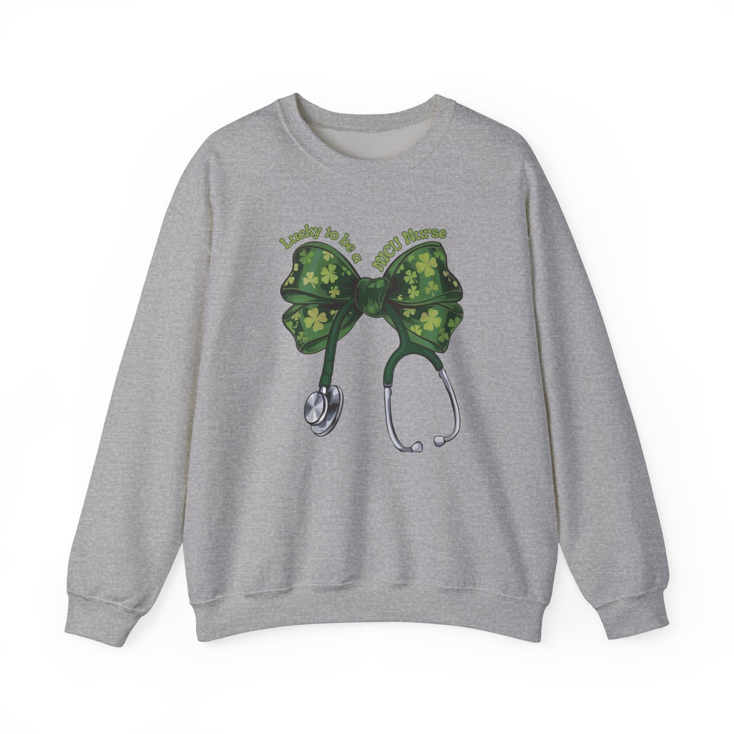 Lucky to be a PICU Nurse St. Patricks Day Sweatshirt Coquette Bow Stethoscope, RN sweatershirt, ER Nurse, NICU Nurse, PICU nurse, clover, lucky nurse sweatshirt.