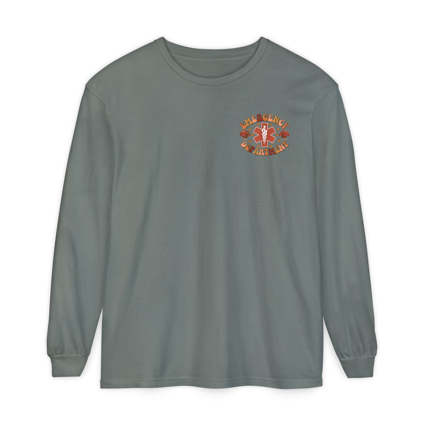 Turkey front ED sign, thanksgiving theme ED Nurse longsleeve , pediatric nurse shirt, comfort colors turkey nurse shirt, Peds nurse,fall nurse shirt