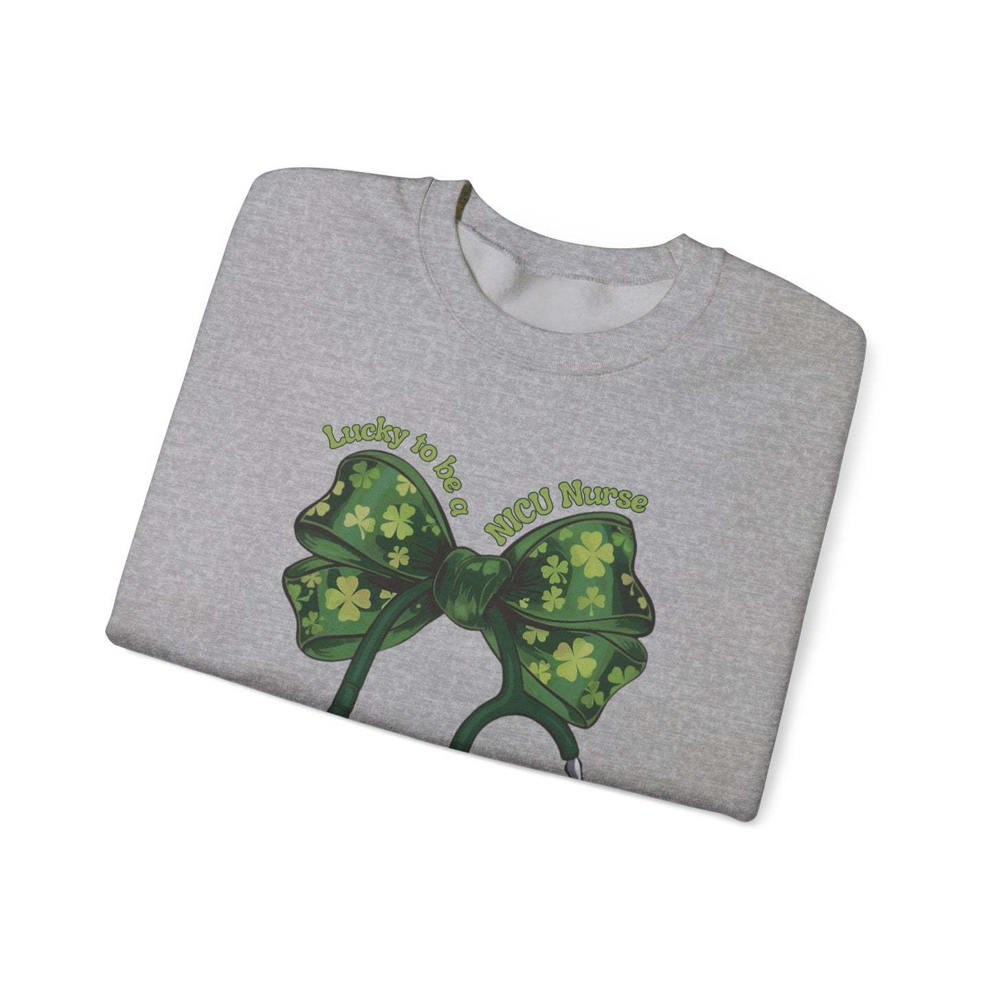 Lucky to be a PICU Nurse St. Patricks Day Sweatshirt Coquette Bow Stethoscope, RN sweatershirt, ER Nurse, NICU Nurse, PICU nurse, clover, lucky nurse sweatshirt.
