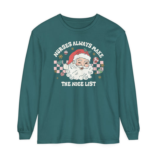 Nurse Christmas Shirt,Cute Santas Nice List, Comfort Colors Long Sleeve, Retro Santa Nurse Shirt, Gift for any Nurse!