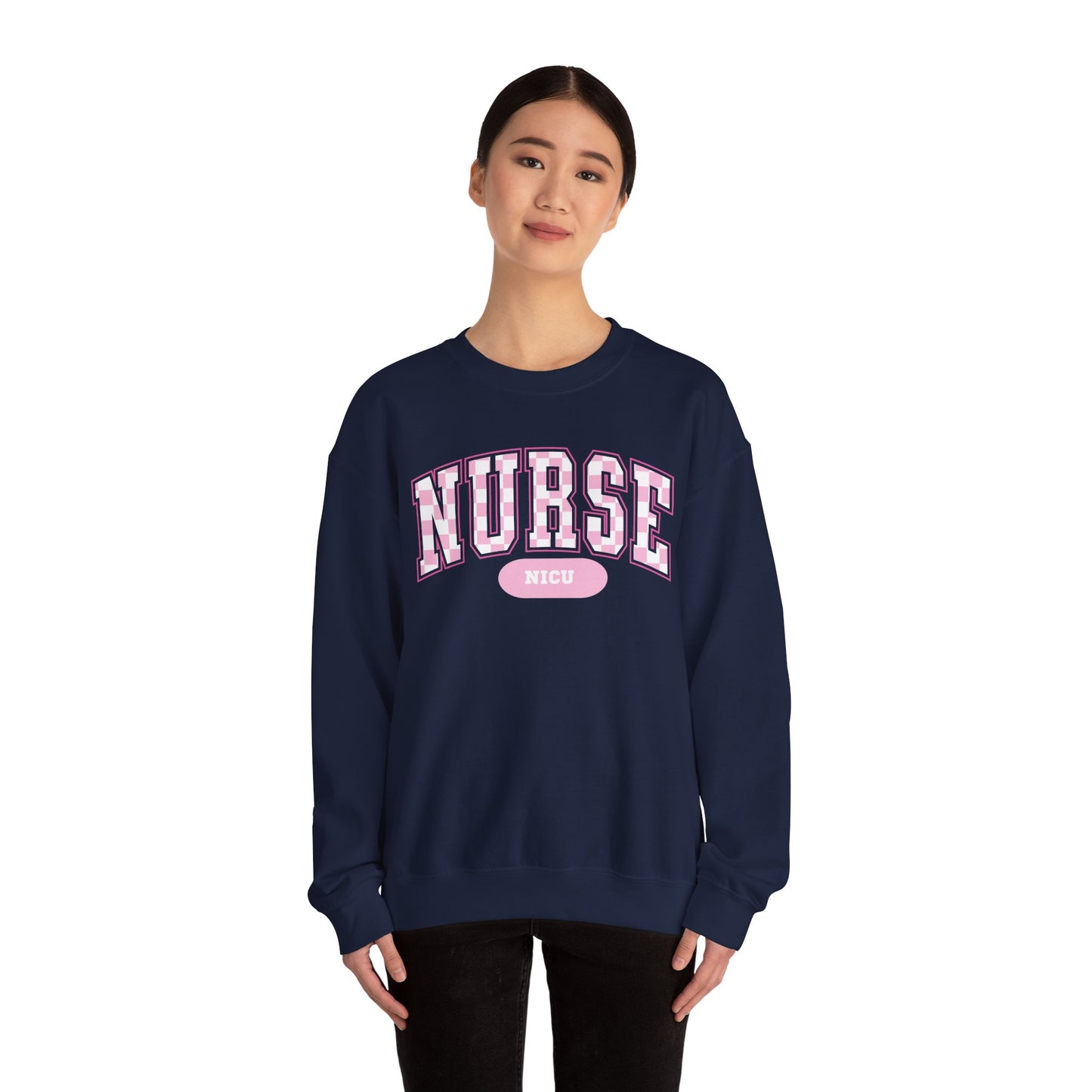 Retro Checkered NICU Nurse Varsity Letter Nurse Sweatshirt, Gildan Comfy Sweatshirt