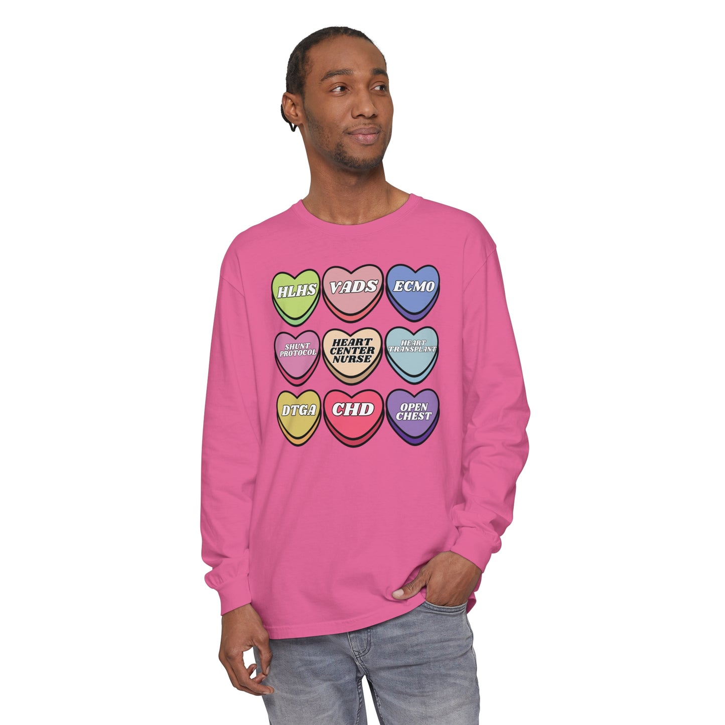 Heart Center Nurse Valentine’s Day comfy comfort colors Long , Cute Candy Heart Sayings, match your coworkers this Valentine’s Day