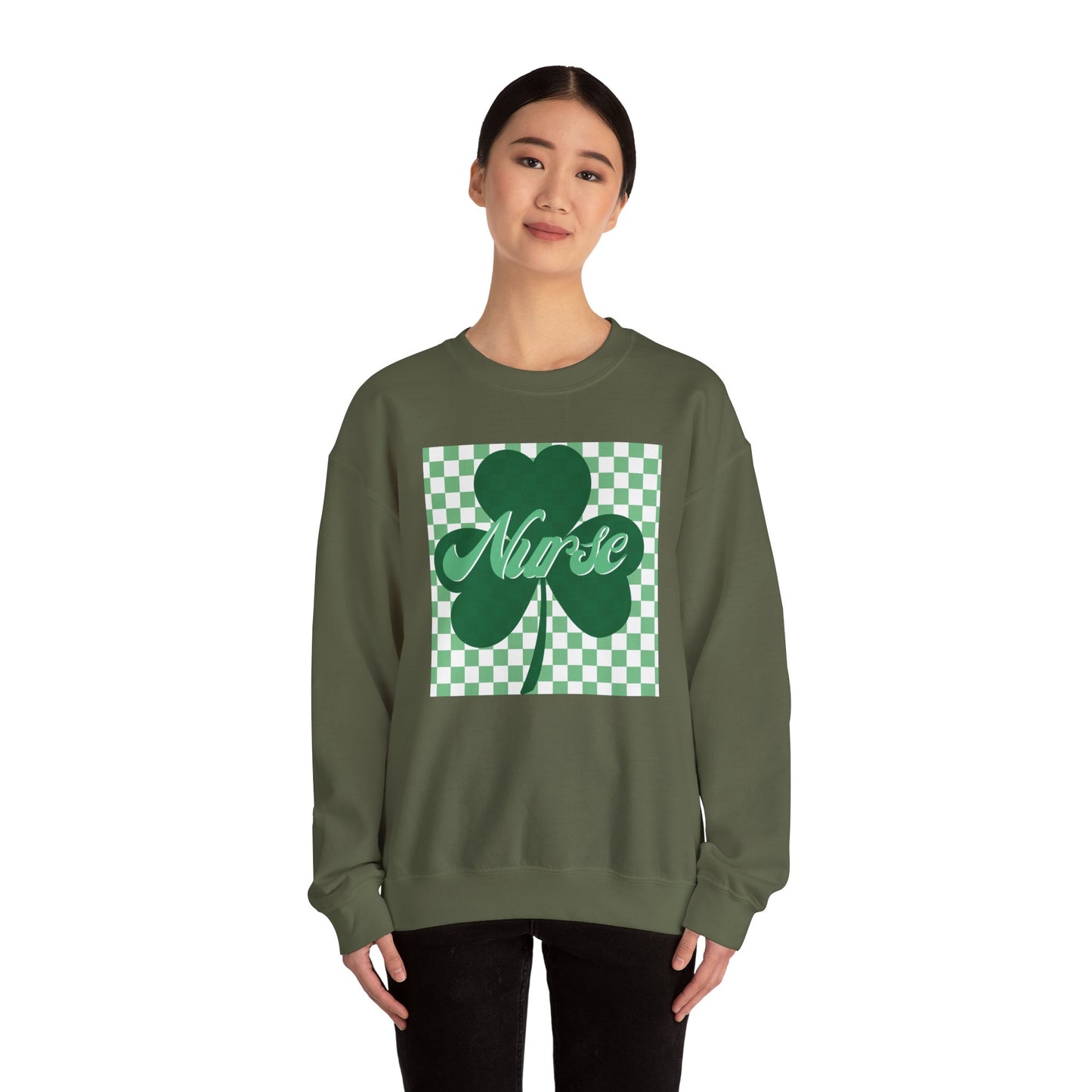 Retro Green Checkered Clover Nurse St. Patricks Clover Sweatshirt,  Heart RN, nurse, retro lucky nurse, ED RN Nurse St. Pattys Sweatshirt