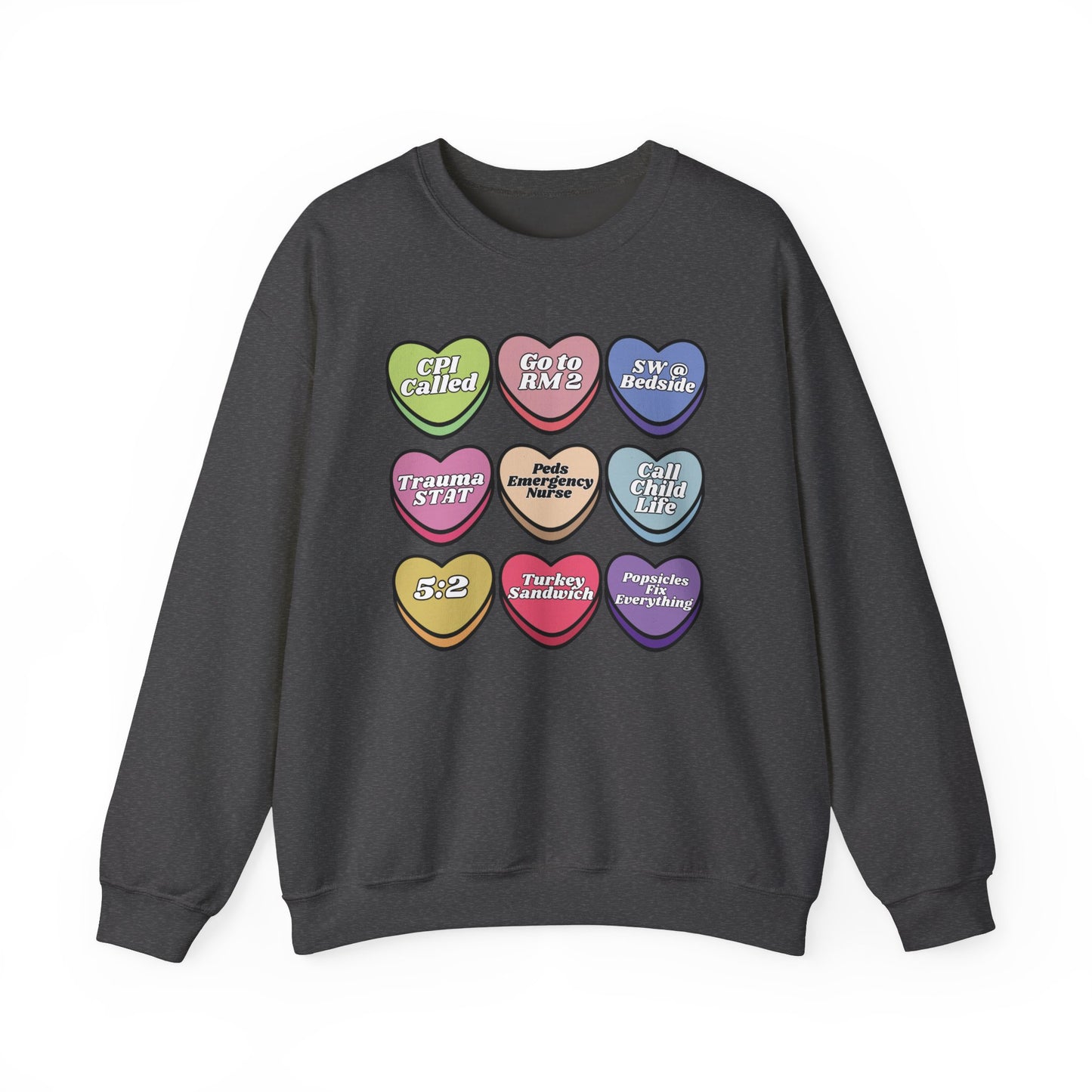 Pediatric ED Candy heart sweatshirt, perfect to match your unit this valentines Day! Gildan cozy sweatshirt