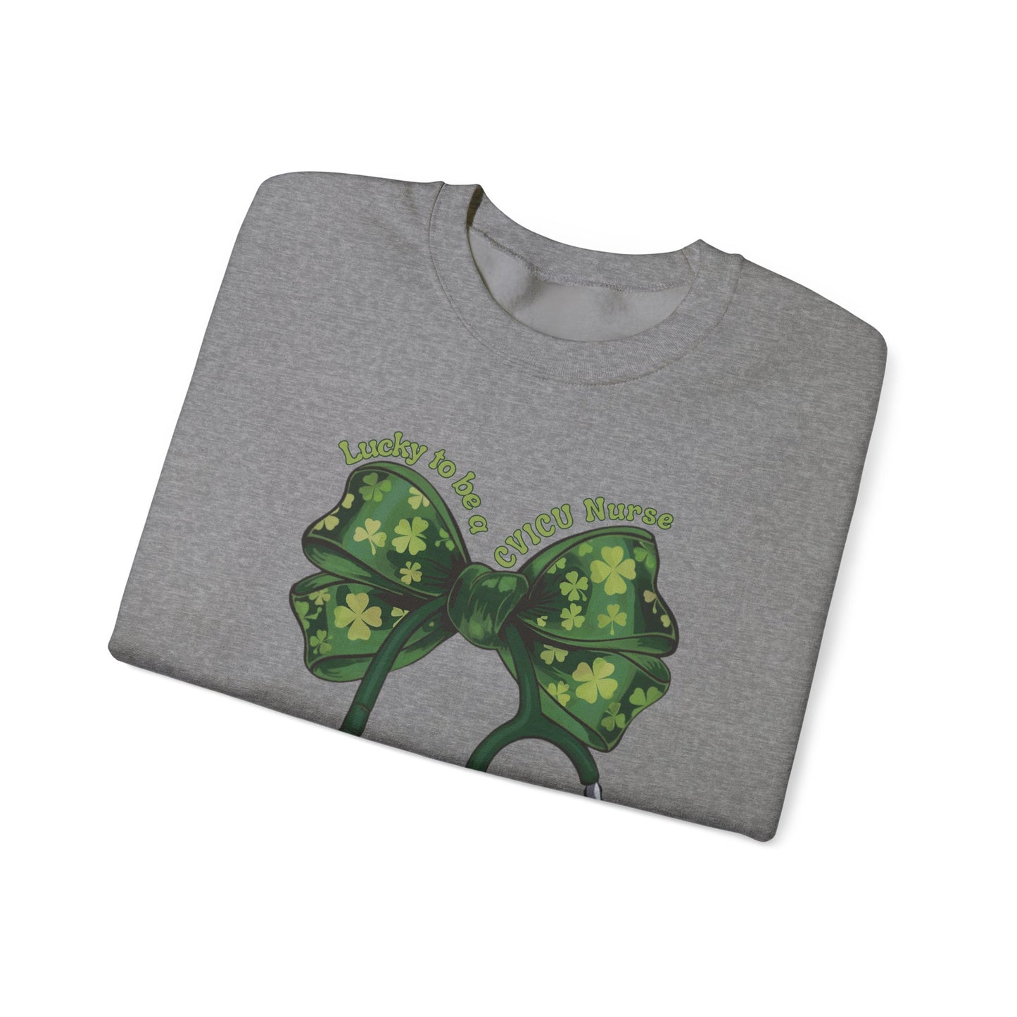 Lucky to be a Heart Center CVICU Nurse St. Patricks Day Sweatshirt Coquette Bow Stethoscope, RN sweatershirt, ER Nurse, NICU Nurse, PICU nurse, clover, lucky nurse sweatshirt.
