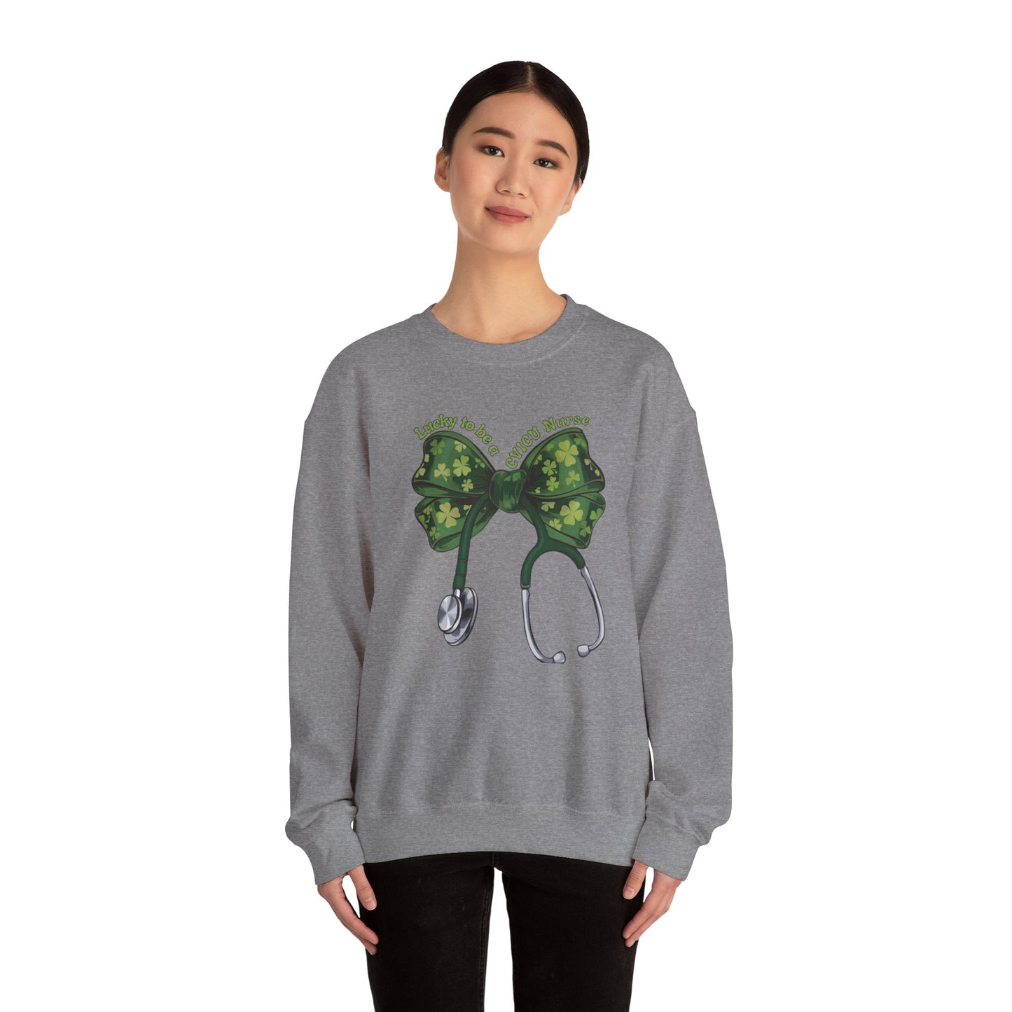 Lucky to be a Heart Center CVICU Nurse St. Patricks Day Sweatshirt Coquette Bow Stethoscope, RN sweatershirt, ER Nurse, NICU Nurse, PICU nurse, clover, lucky nurse sweatshirt.