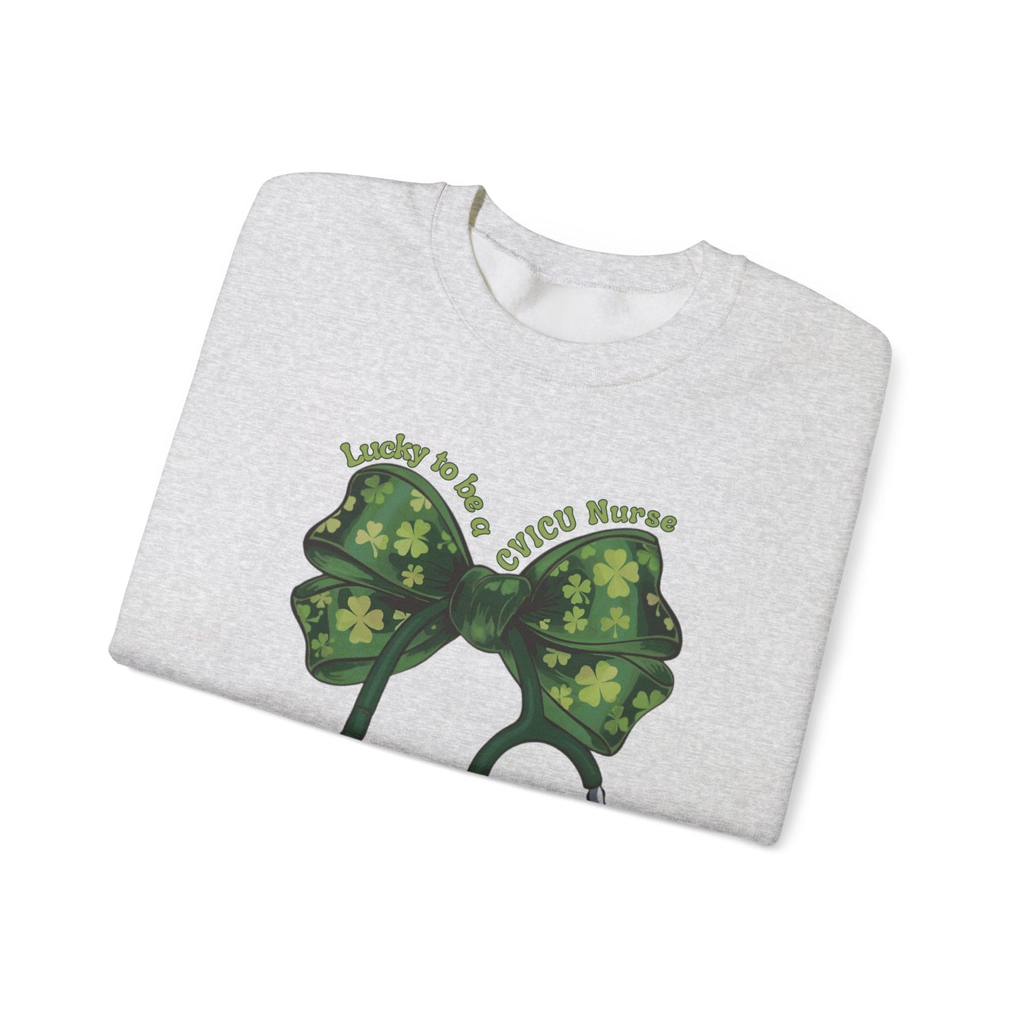 Lucky to be a Heart Center CVICU Nurse St. Patricks Day Sweatshirt Coquette Bow Stethoscope, RN sweatershirt, ER Nurse, NICU Nurse, PICU nurse, clover, lucky nurse sweatshirt.
