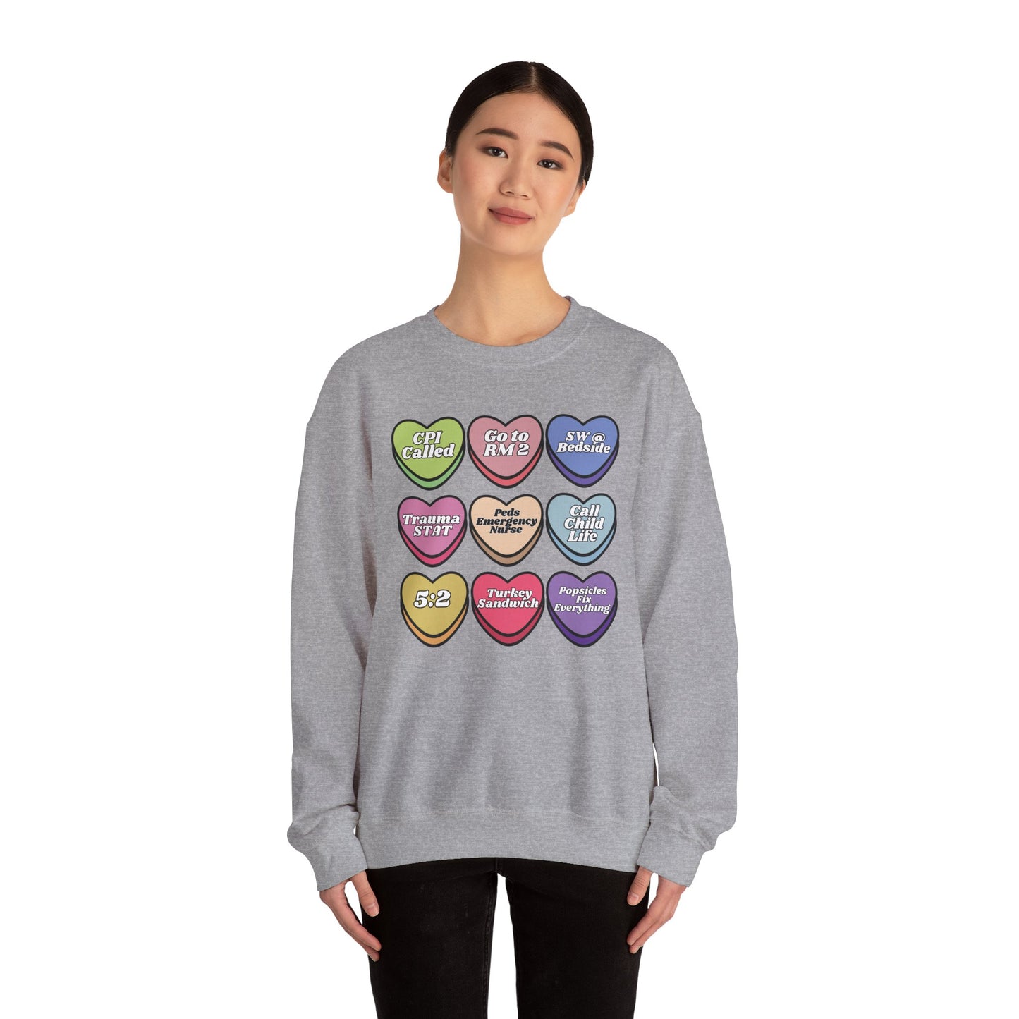 Pediatric ED Candy heart sweatshirt, perfect to match your unit this valentines Day! Gildan cozy sweatshirt