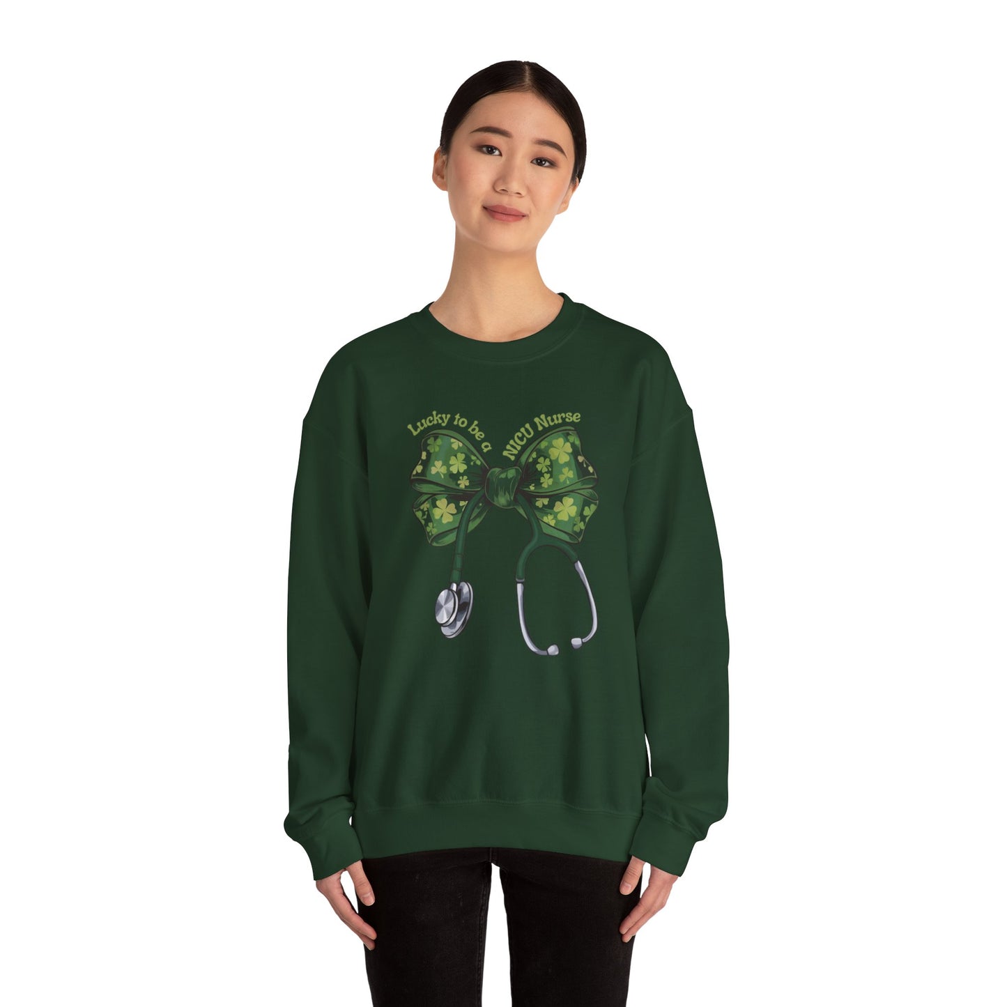Lucky to be a PICU Nurse St. Patricks Day Sweatshirt Coquette Bow Stethoscope, RN sweatershirt, ER Nurse, NICU Nurse, PICU nurse, clover, lucky nurse sweatshirt.
