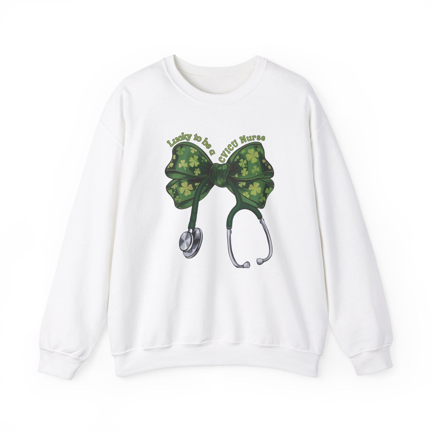 Lucky to be a Heart Center CVICU Nurse St. Patricks Day Sweatshirt Coquette Bow Stethoscope, RN sweatershirt, ER Nurse, NICU Nurse, PICU nurse, clover, lucky nurse sweatshirt.