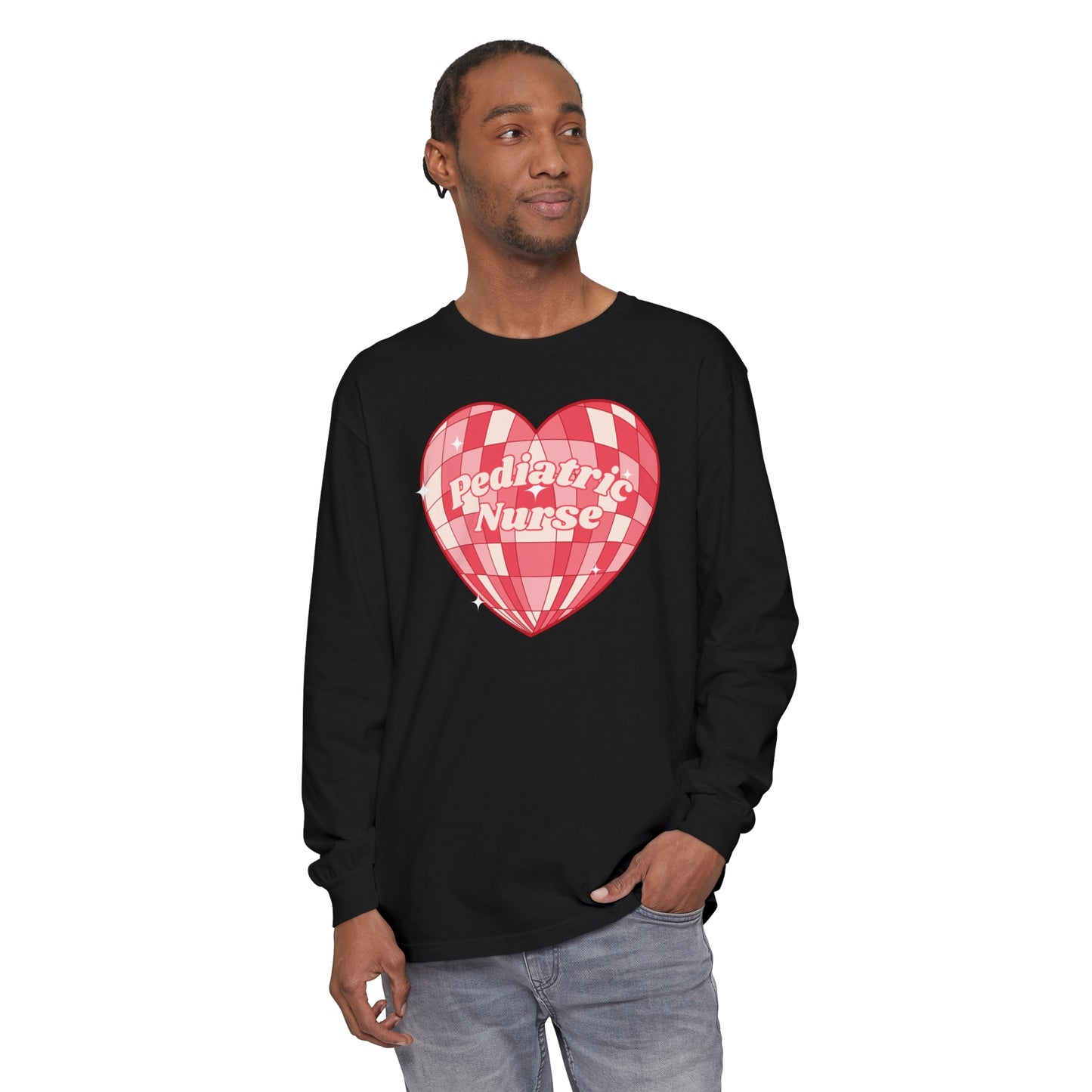 Pediatric Nurse Valentines Day Long sleeve, retro heart, comfort colors long sleeve.