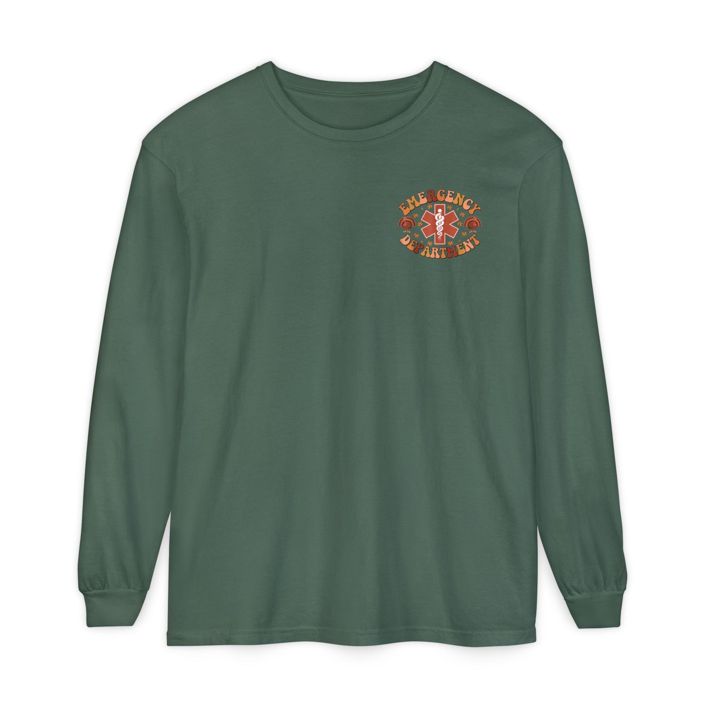 Turkey front ED sign, thanksgiving theme ED Nurse longsleeve , pediatric nurse shirt, comfort colors turkey nurse shirt, Peds nurse,fall nurse shirt
