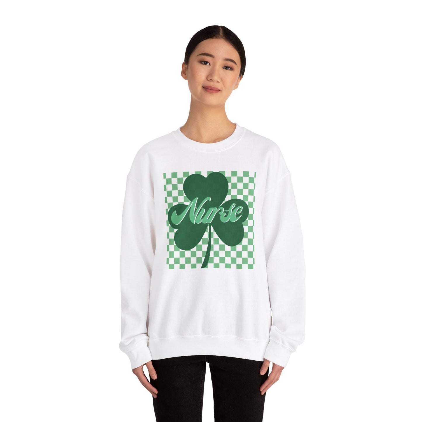 Retro Green Checkered Clover Nurse St. Patricks Clover Sweatshirt,  Heart RN, nurse, retro lucky nurse, ED RN Nurse St. Pattys Sweatshirt