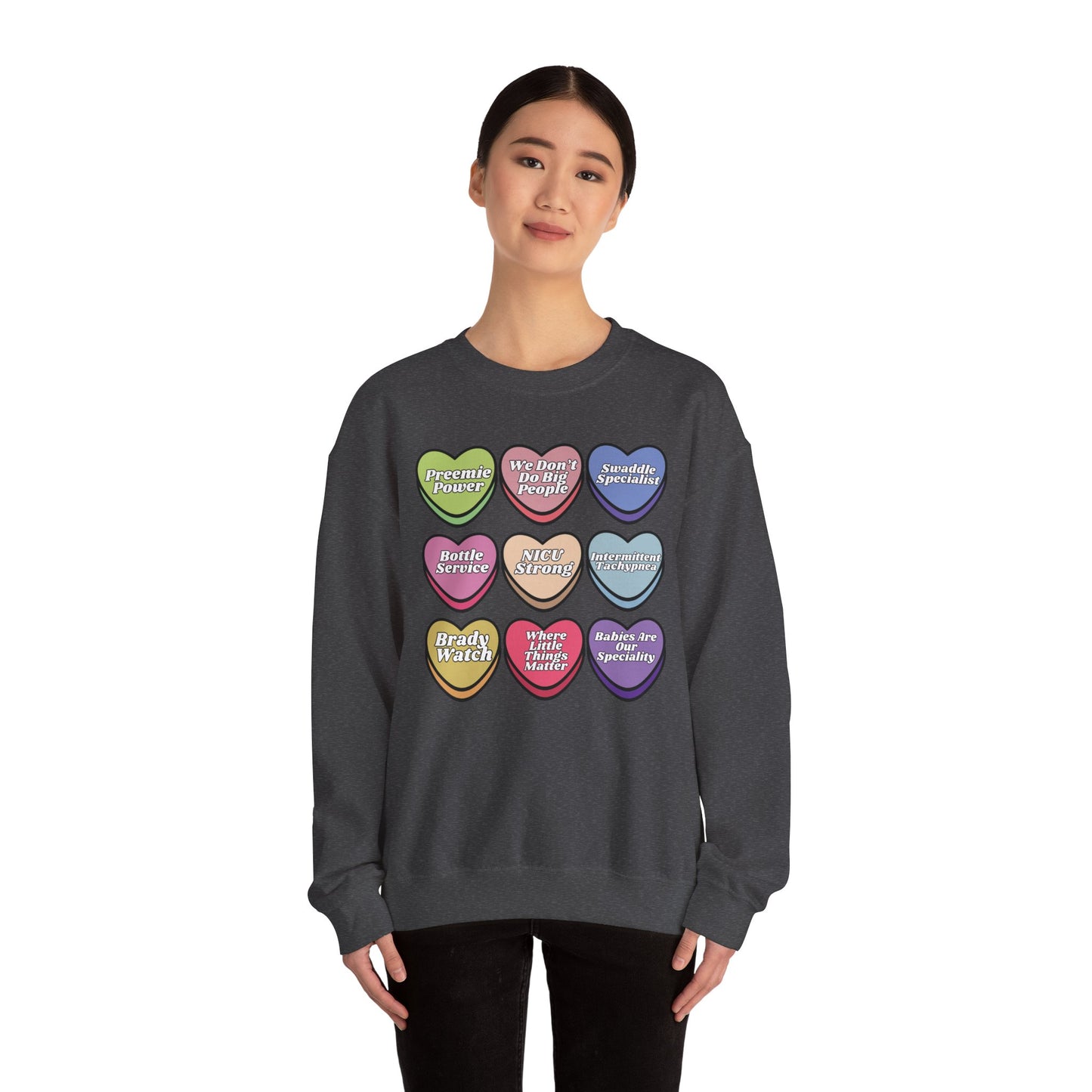 NICU Nurse Valentine’s Day Sweatshirt, Cute Candy Heart NICU Sayings, match your coworkers this Valentine’s Day