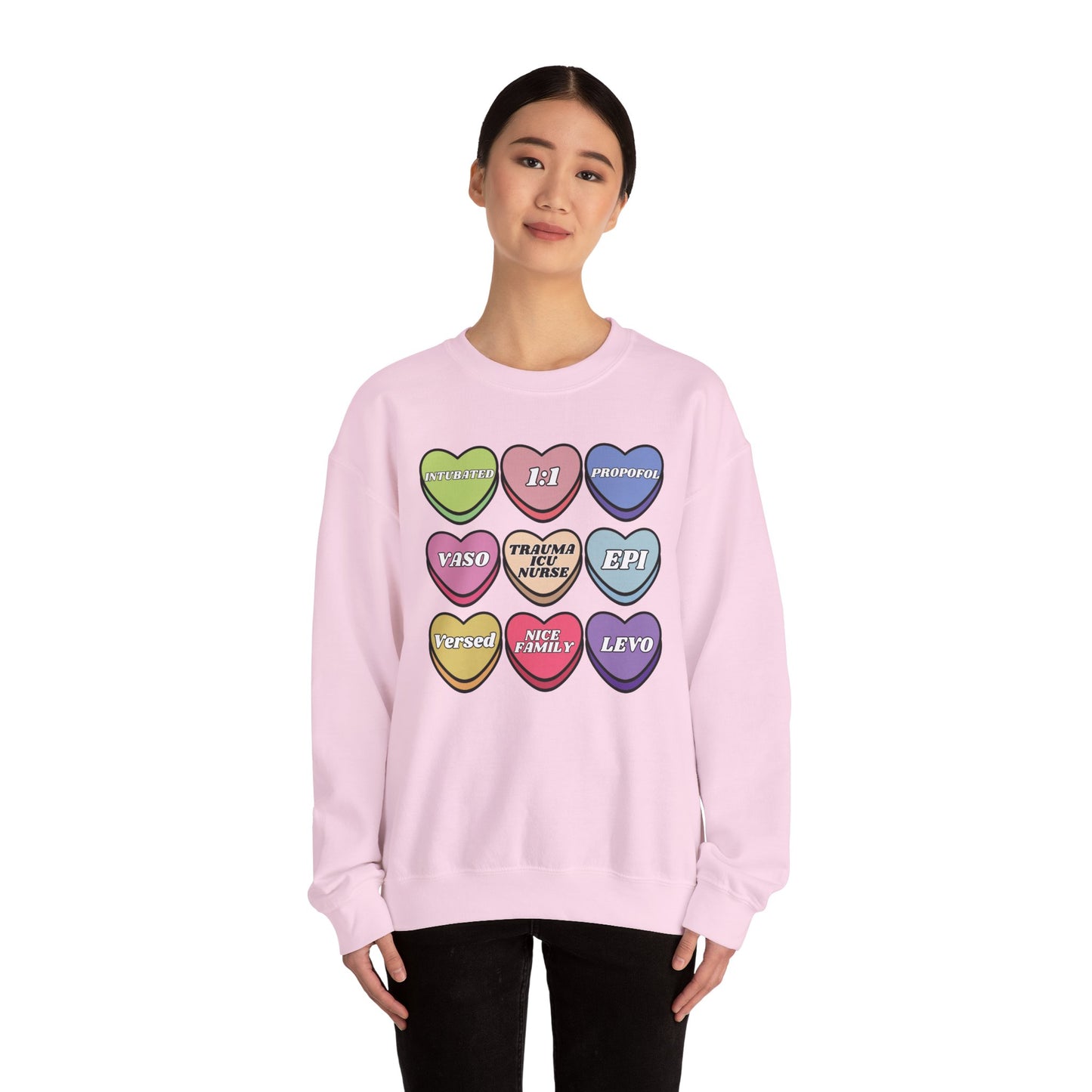 Funny Trauma ICU Nurse Valentine’s Day Sweatshirt, Cute Candy Heart NICU Sayings, match your coworkers this Valentine’s Day