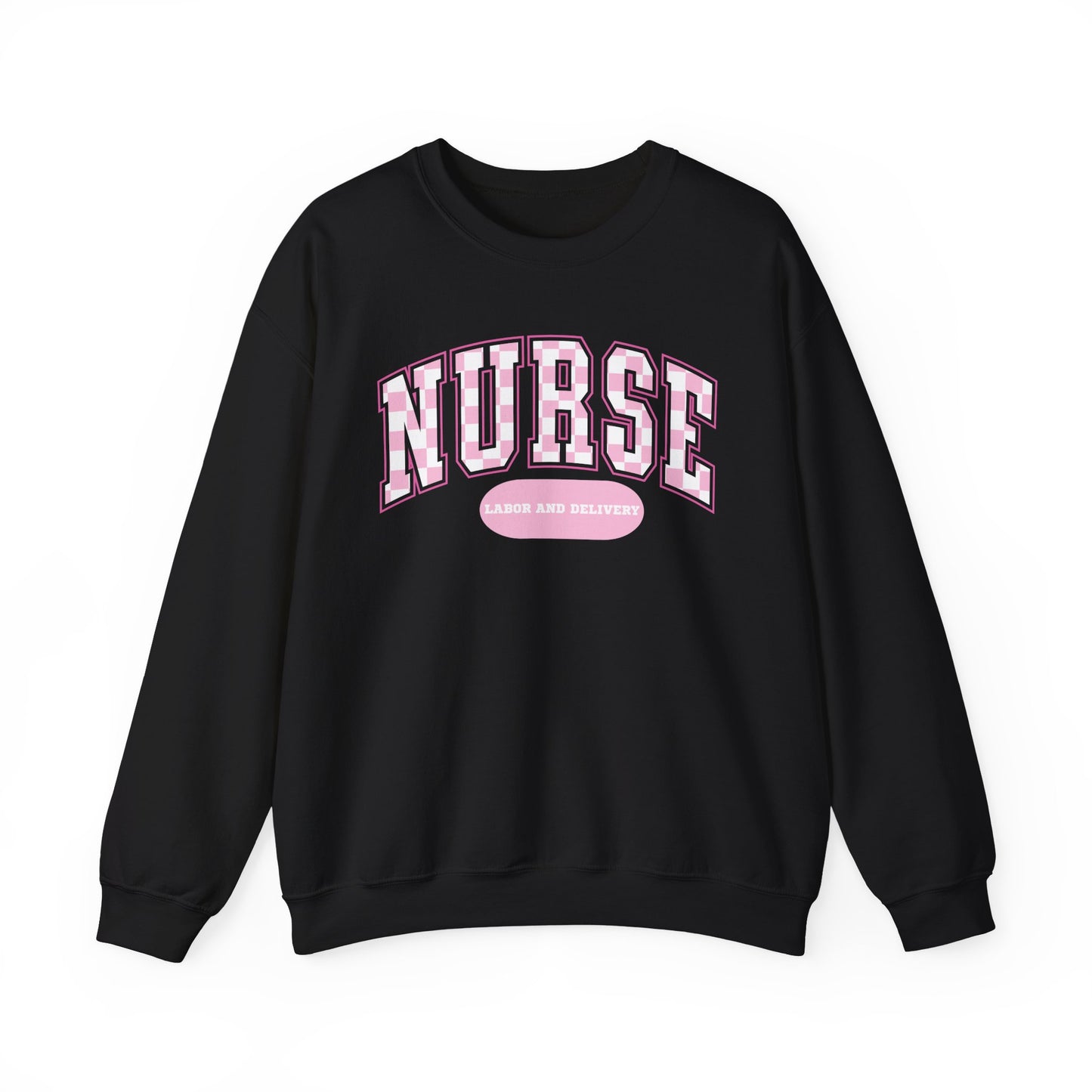 Retro Checkered Labor and Delivery Varsity Letter Nurse Sweatshirt, Comfy Gildan Sweatshirt