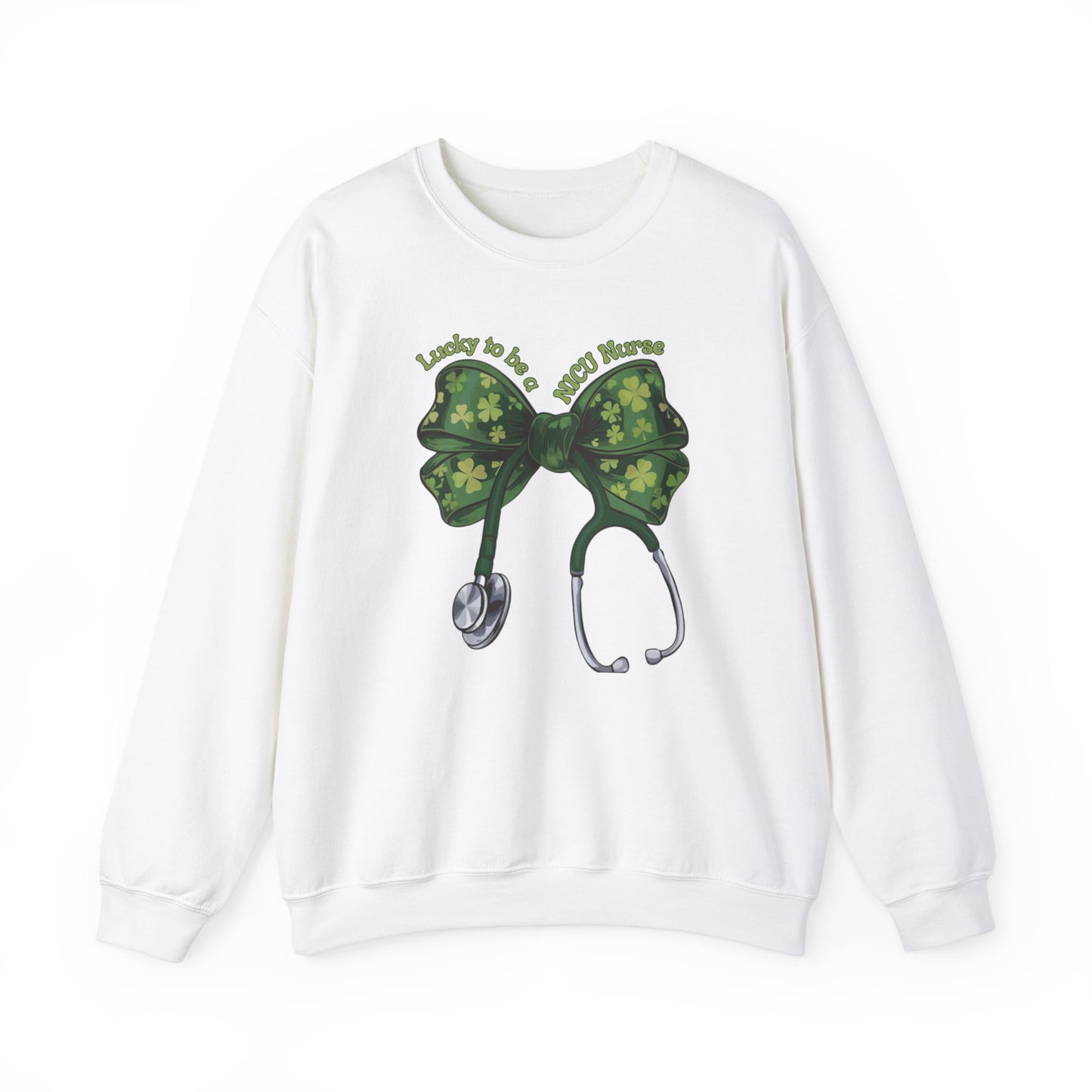 Lucky to be a PICU Nurse St. Patricks Day Sweatshirt Coquette Bow Stethoscope, RN sweatershirt, ER Nurse, NICU Nurse, PICU nurse, clover, lucky nurse sweatshirt.