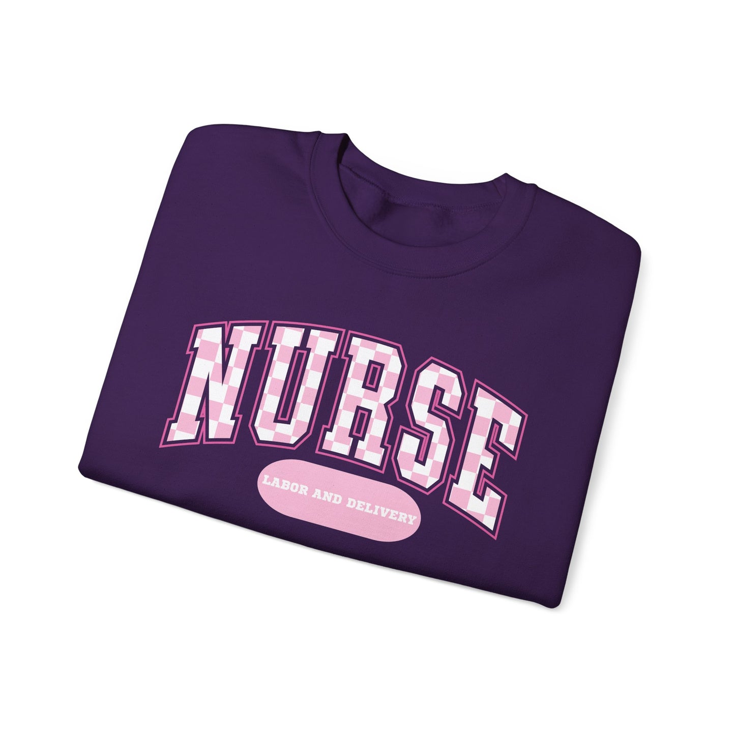 Retro Checkered Labor and Delivery Varsity Letter Nurse Sweatshirt, Comfy Gildan Sweatshirt