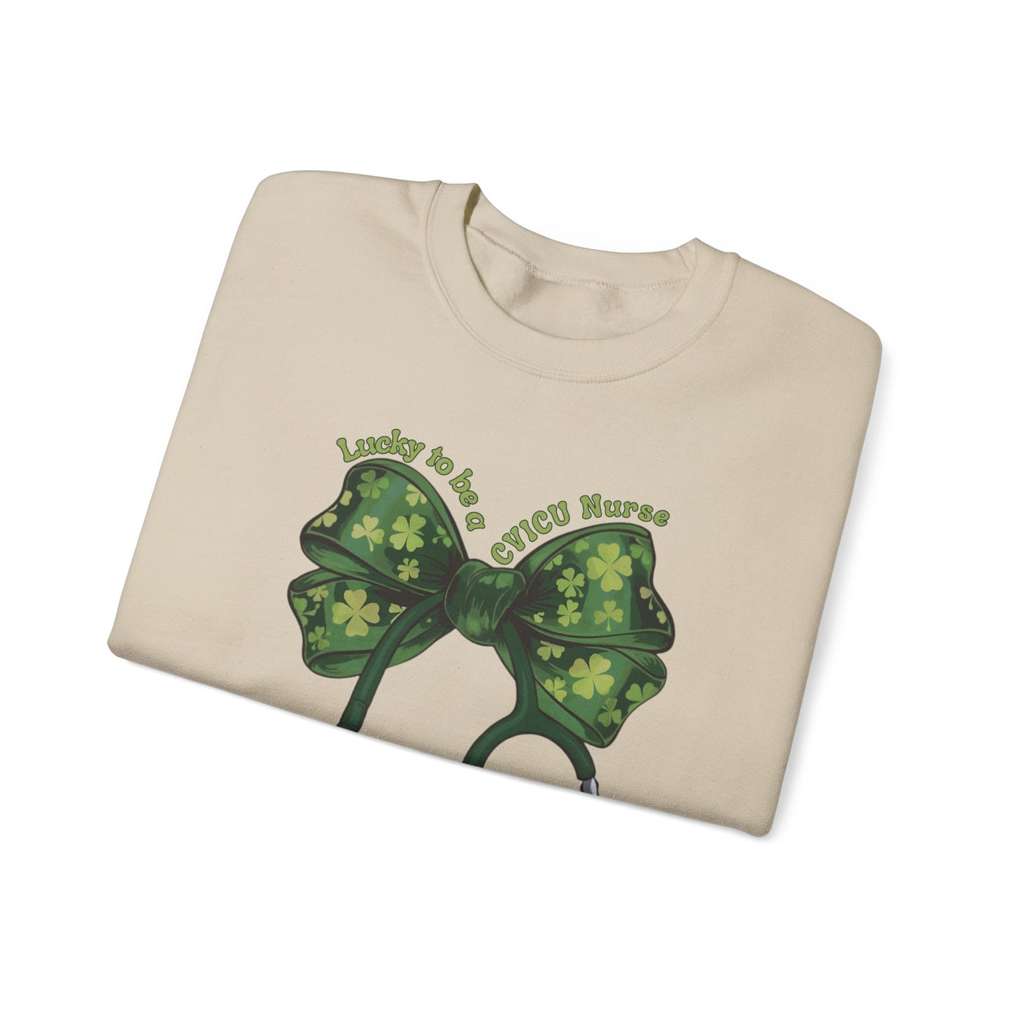 Lucky to be a Heart Center CVICU Nurse St. Patricks Day Sweatshirt Coquette Bow Stethoscope, RN sweatershirt, ER Nurse, NICU Nurse, PICU nurse, clover, lucky nurse sweatshirt.