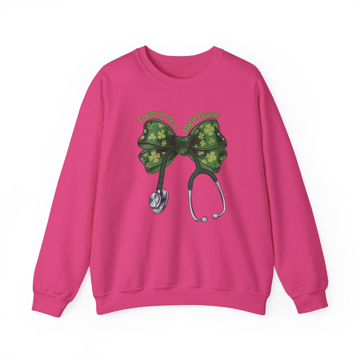Lucky to be a PICU Nurse St. Patricks Day Sweatshirt Coquette Bow Stethoscope, RN sweatershirt, ER Nurse, NICU Nurse, PICU nurse, clover, lucky nurse sweatshirt.