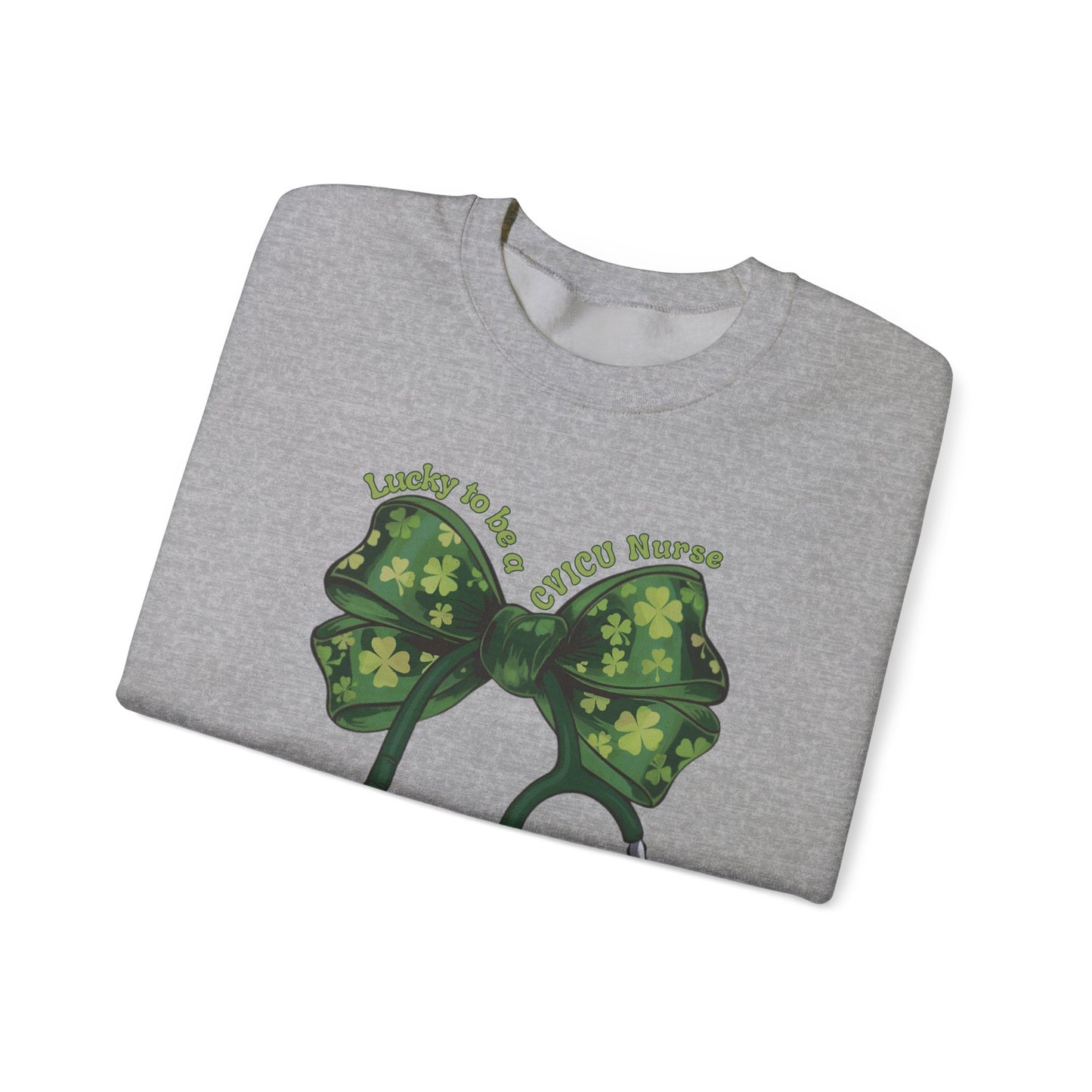 Lucky to be a Heart Center CVICU Nurse St. Patricks Day Sweatshirt Coquette Bow Stethoscope, RN sweatershirt, ER Nurse, NICU Nurse, PICU nurse, clover, lucky nurse sweatshirt.