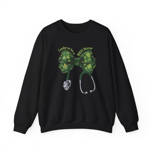 Lucky to be a PICU Nurse St. Patricks Day Sweatshirt Coquette Bow Stethoscope, RN sweatershirt, ER Nurse, NICU Nurse, PICU nurse, clover, lucky nurse sweatshirt.