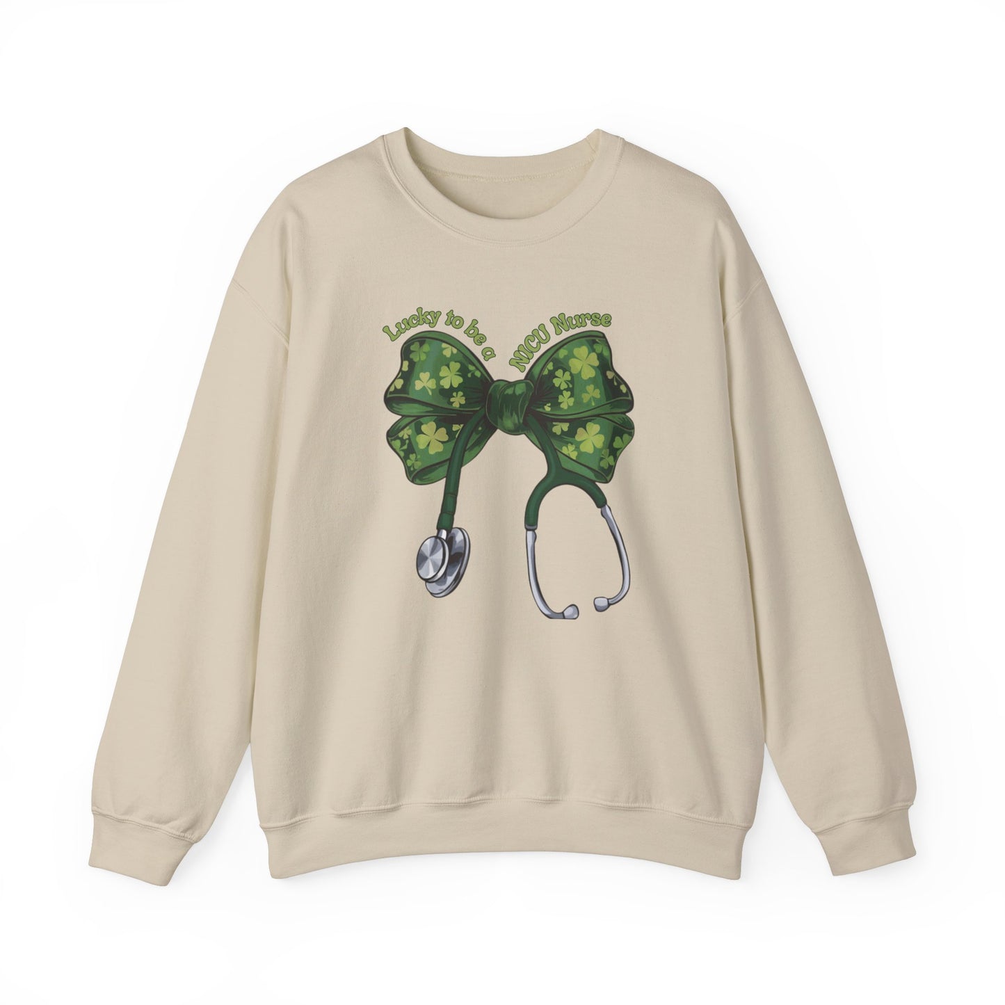 Lucky to be a NICU Nurse St. Patricks Day Sweatshirt Coquette Bow Stethoscope, RN sweatershirt, ER Nurse, NICU Nurse, PICU nurse, clover, lucky nurse sweatshirt.