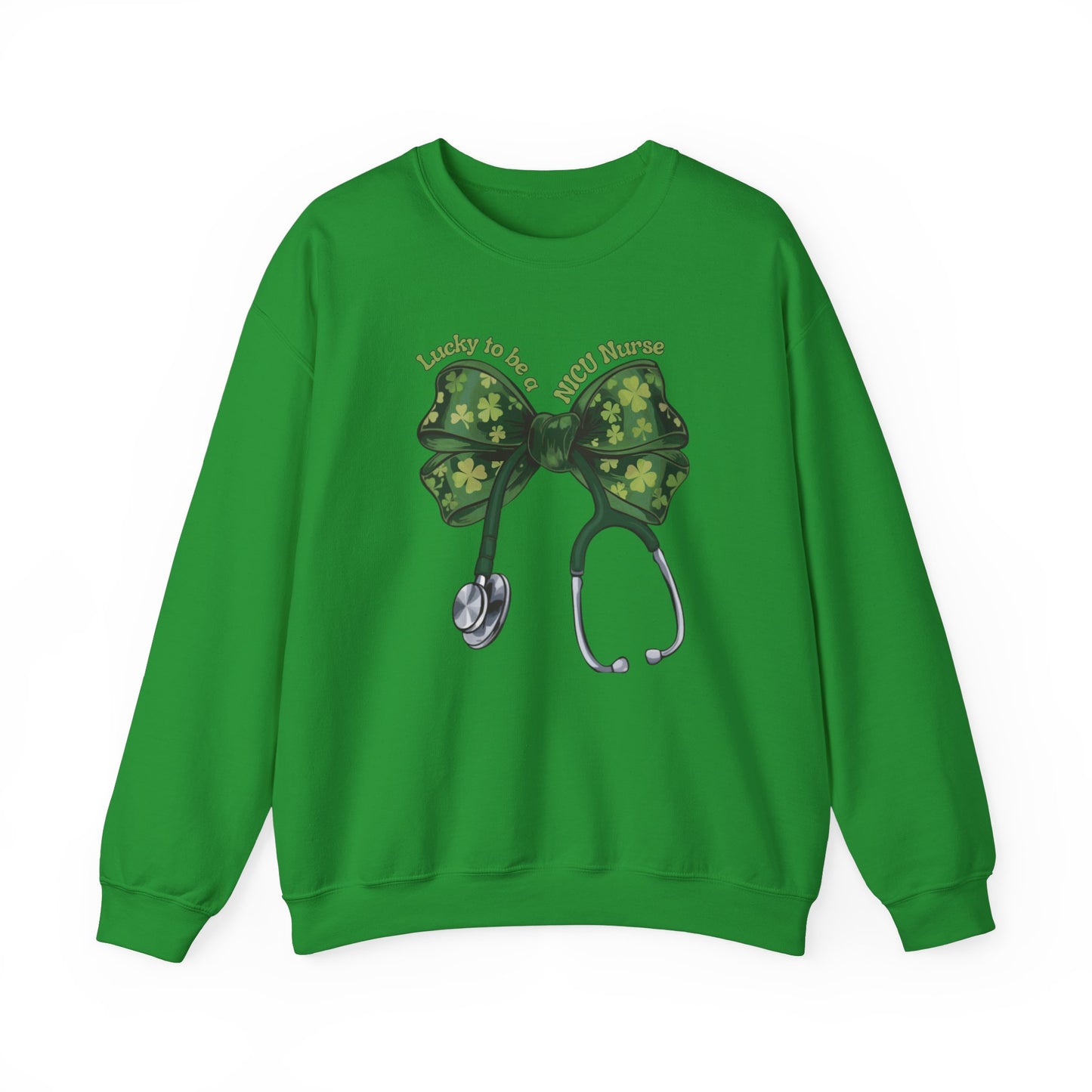 Lucky to be a PICU Nurse St. Patricks Day Sweatshirt Coquette Bow Stethoscope, RN sweatershirt, ER Nurse, NICU Nurse, PICU nurse, clover, lucky nurse sweatshirt.