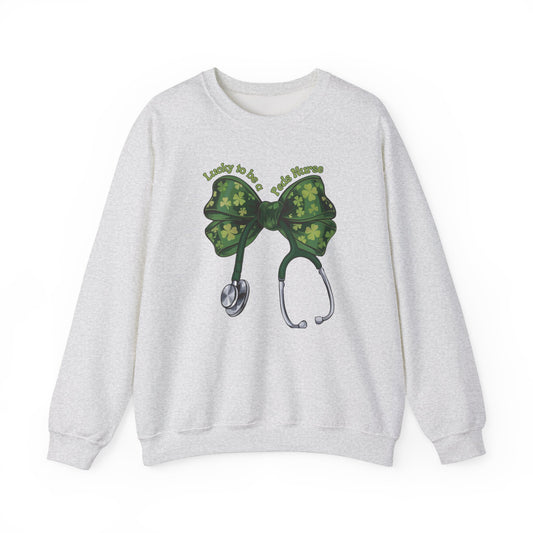 Lucky to be a Peds Nurse St. Patricks Day Sweatshirt Coquette Bow Stethoscope, RN sweatershirt, ER Nurse, NICU Nurse, PICU nurse, clover, lucky nurse sweatshirt.