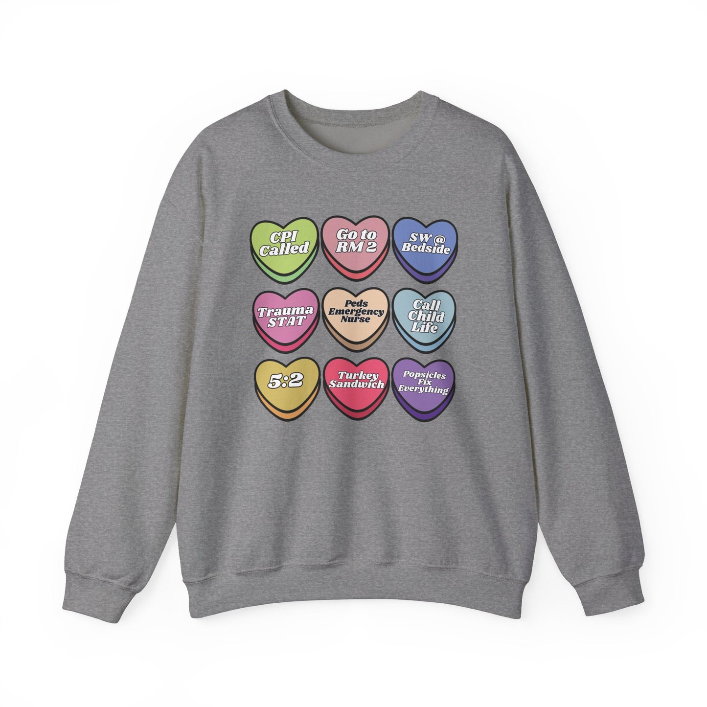 Pediatric ED Candy heart sweatshirt, perfect to match your unit this valentines Day! Gildan cozy sweatshirt