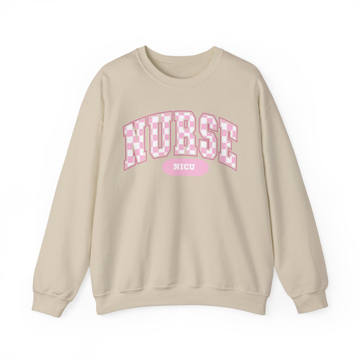 Retro Checkered NICU Nurse Varsity Letter Nurse Sweatshirt, Gildan Comfy Sweatshirt