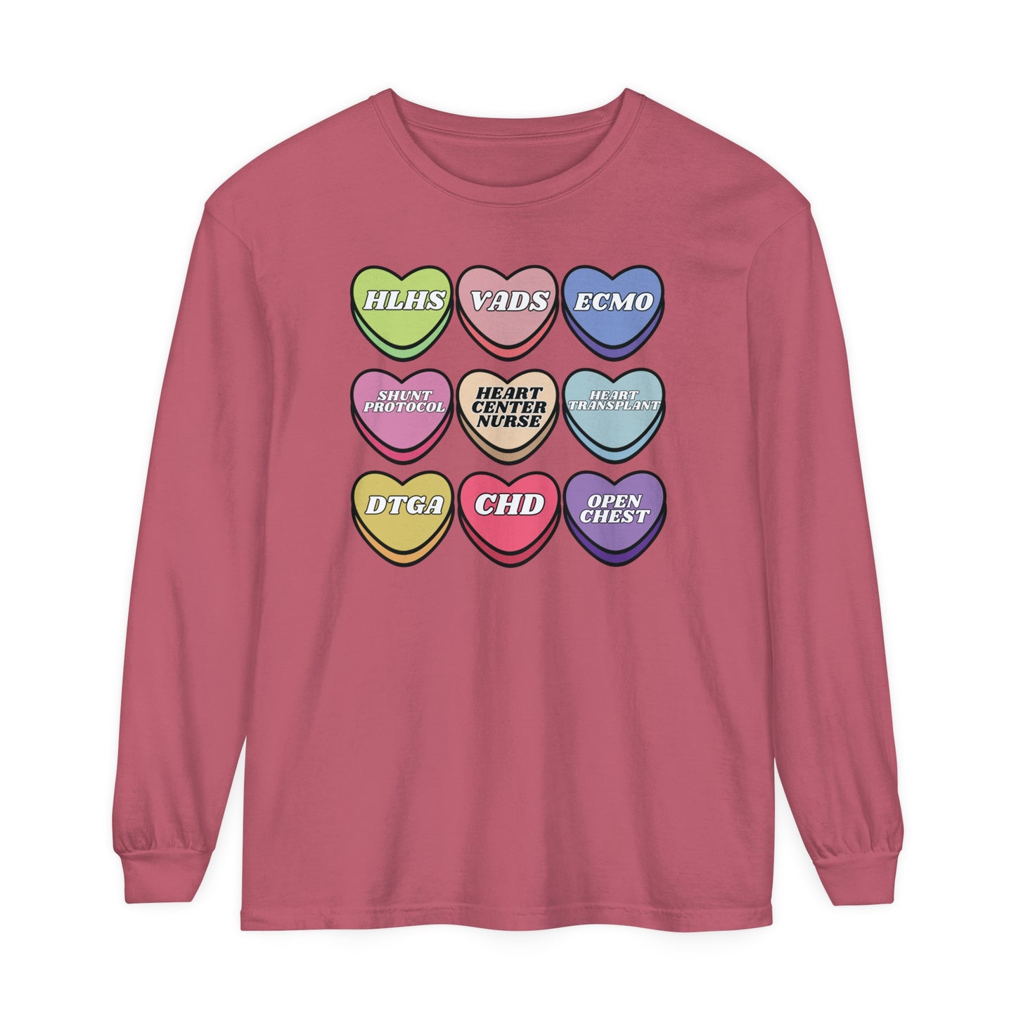Heart Center Nurse Valentine’s Day comfy comfort colors Long , Cute Candy Heart Sayings, match your coworkers this Valentine’s Day