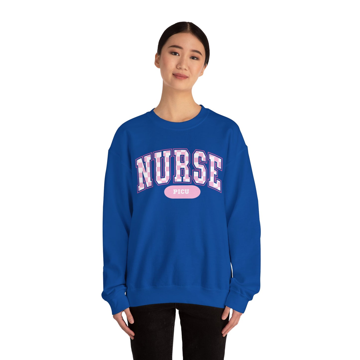 Retro Checkered PICU Varsity Letter Nurse Sweatshirt, Comfy Gildan Sweatshirt