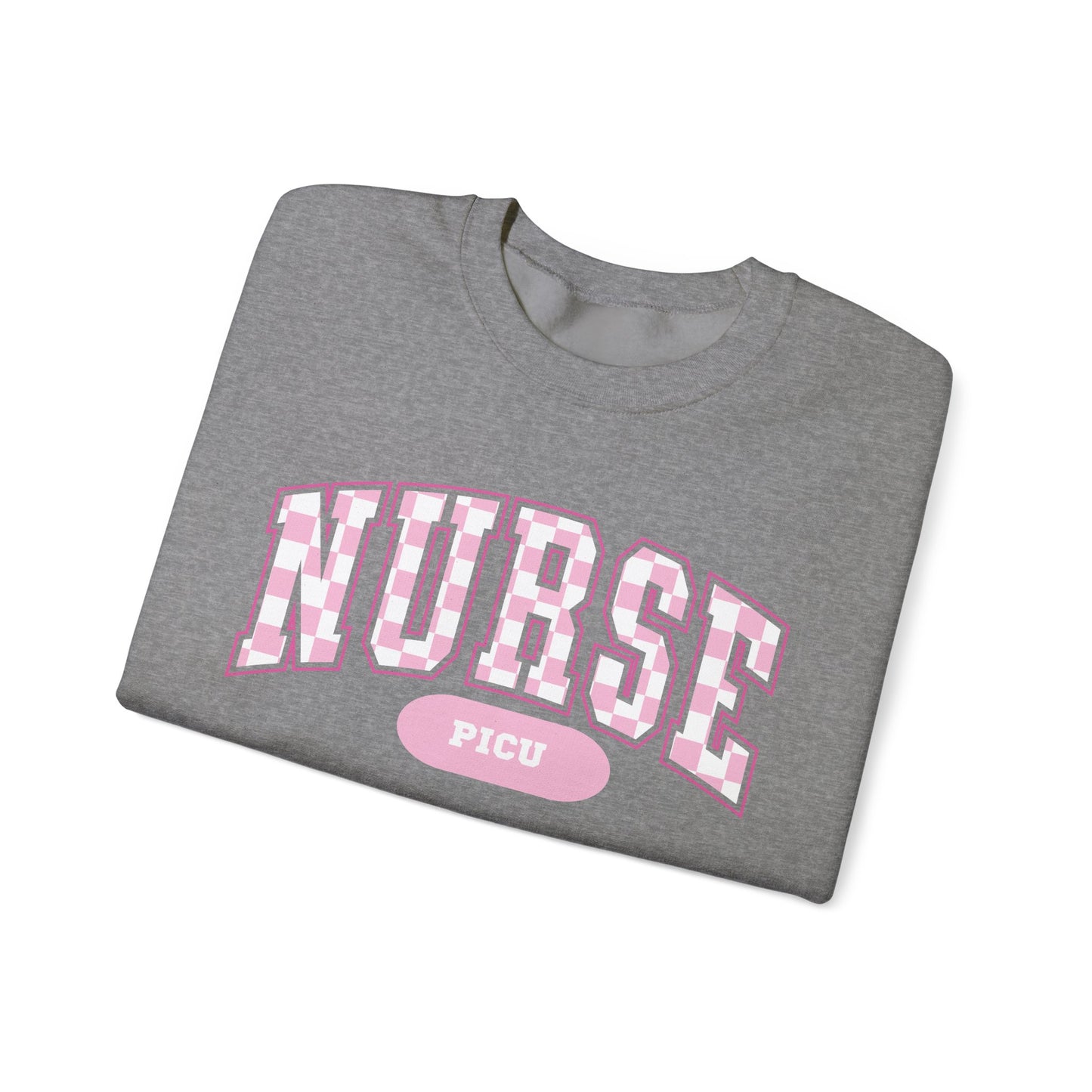 Retro Checkered PICU Varsity Letter Nurse Sweatshirt, Comfy Gildan Sweatshirt
