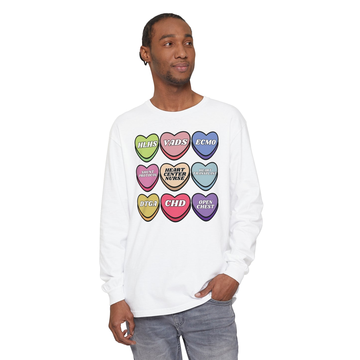 Heart Center Nurse Valentine’s Day comfy comfort colors Long , Cute Candy Heart Sayings, match your coworkers this Valentine’s Day